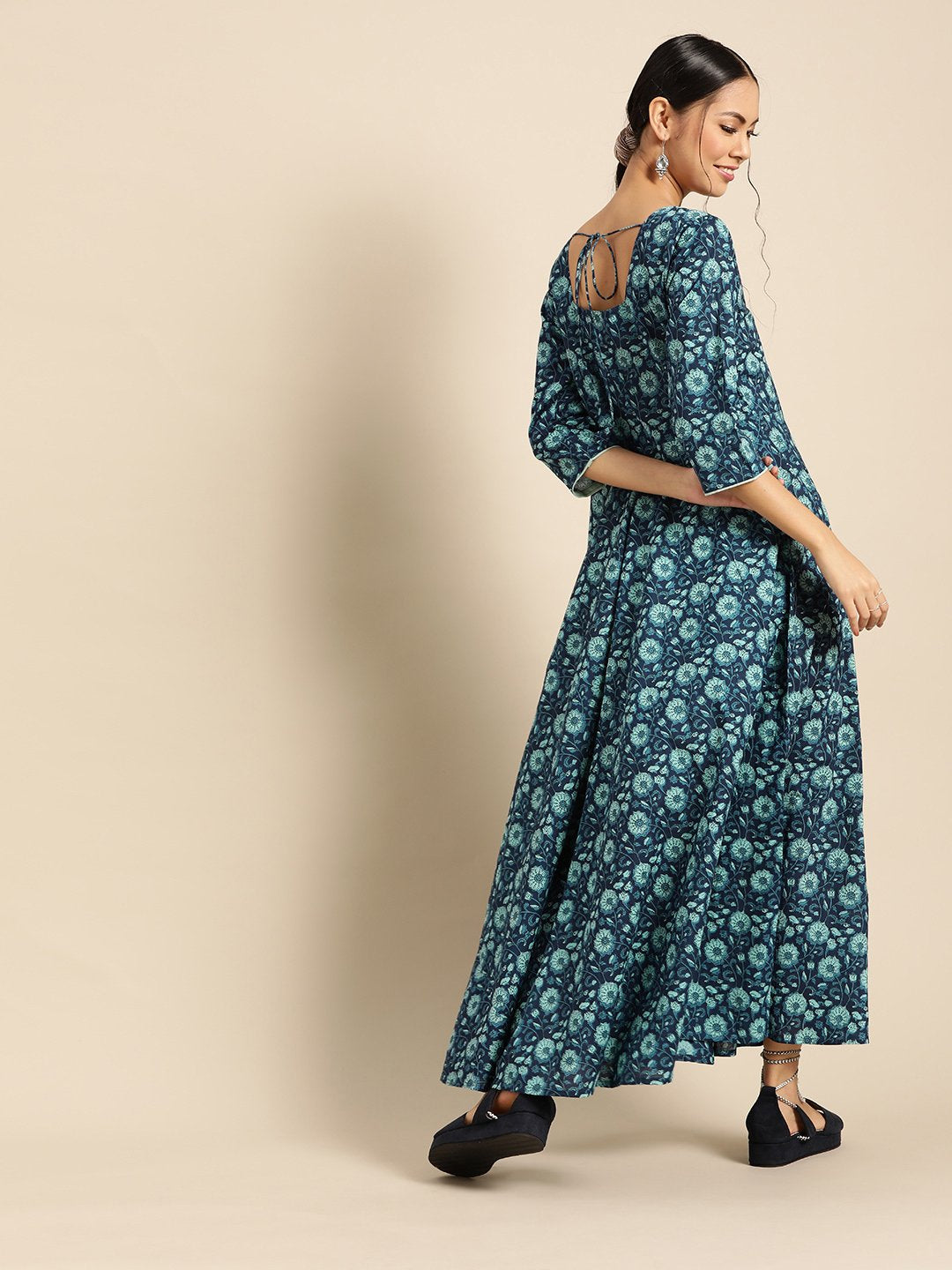 Women's Indigo Floral Printed Flared Dress With Round Neck & Three Quarters Sleeves