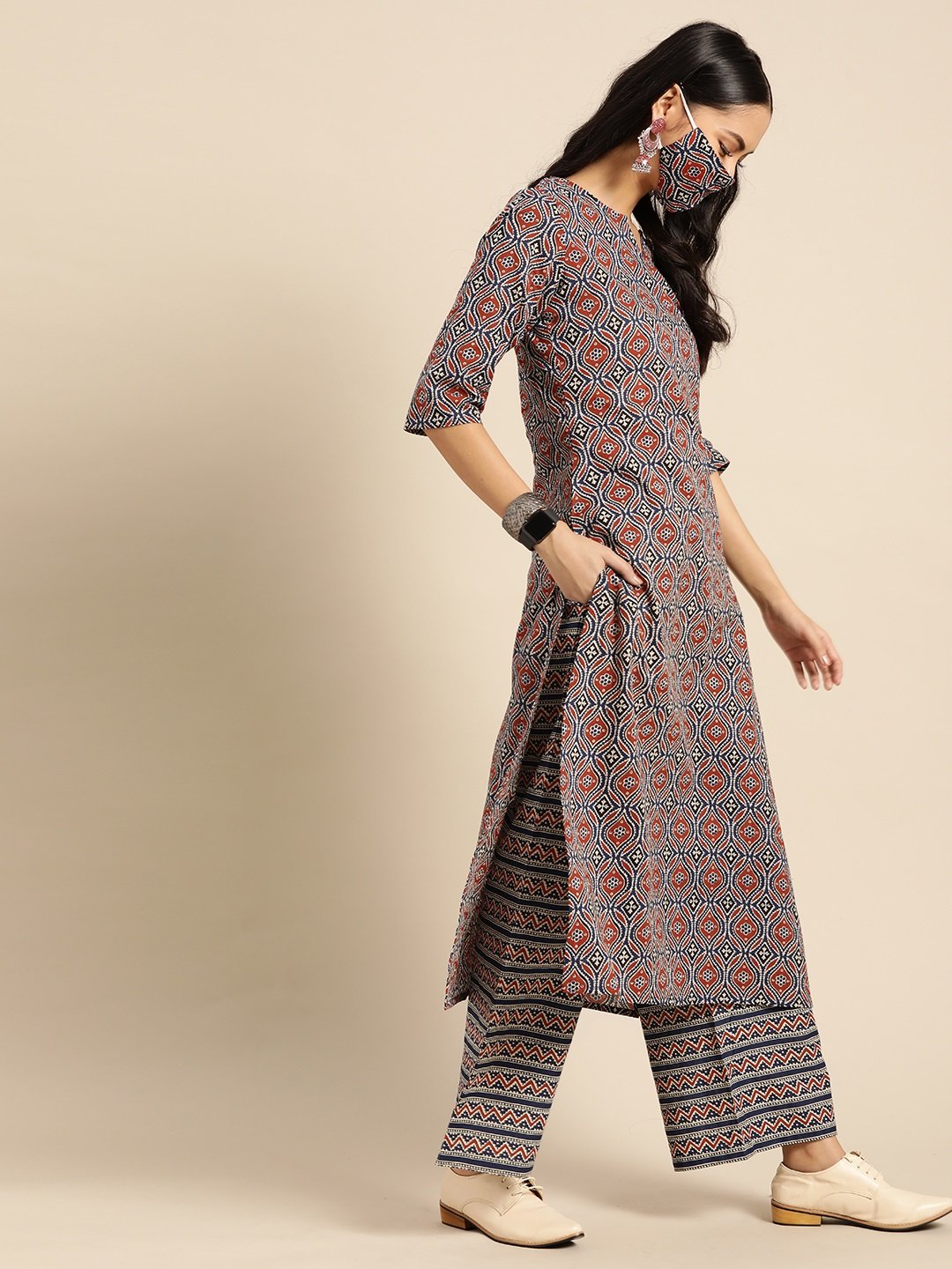 Women's Red & Indigo Three-Quarter Sleeves Straight Kurta With Palazzo & Printed Dupatta