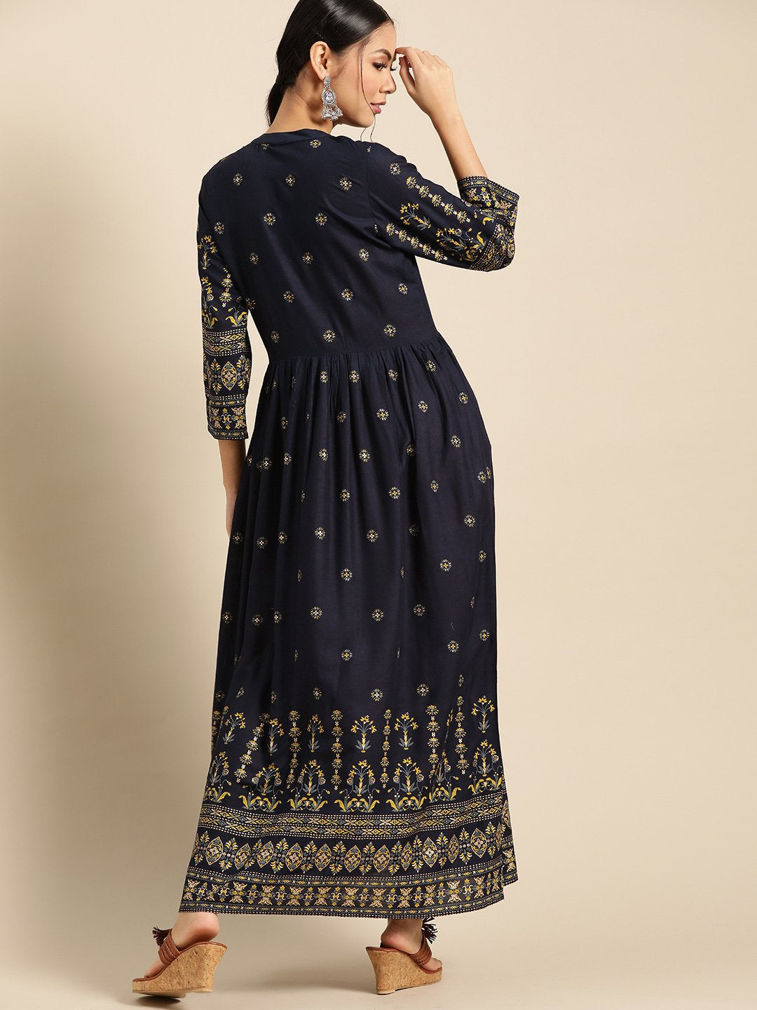 Women's Navy Blue & Gold Ethinic Printed Dress With Mandarin Collar & Three Quarter Sleeves