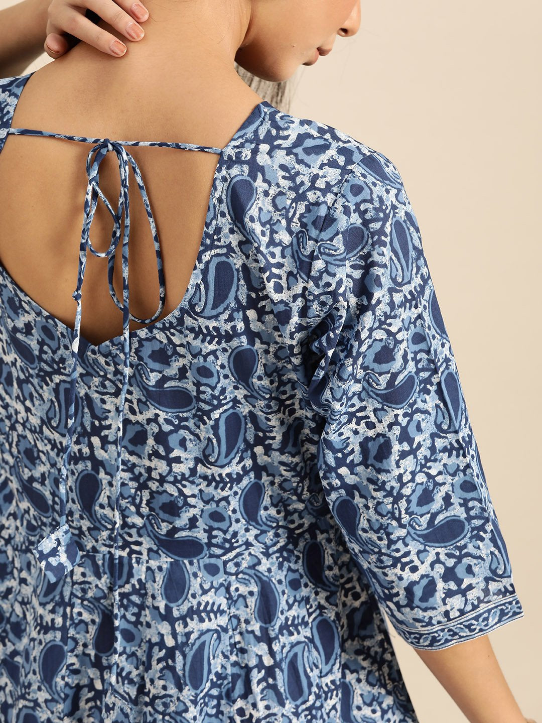 Women's Indigo Floral Printed Flared Round Neck Dress With Three Quarters Sleeves & Dupatta