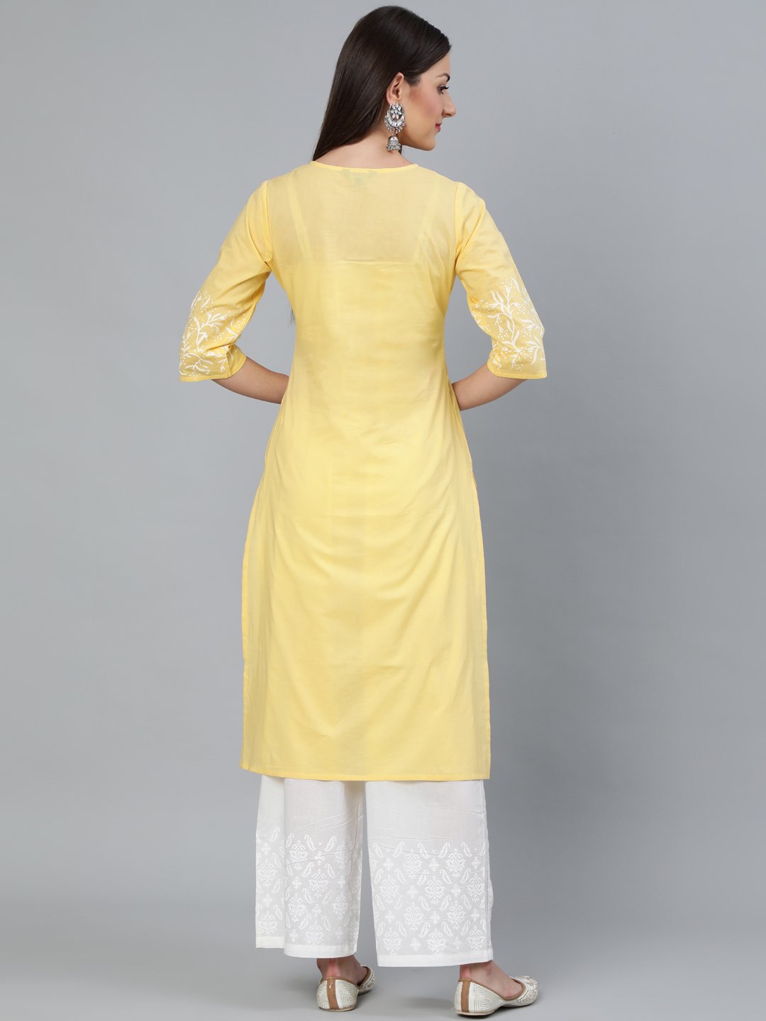 Women's Yellow Block Printed Straight Kurta With Off White Plazo