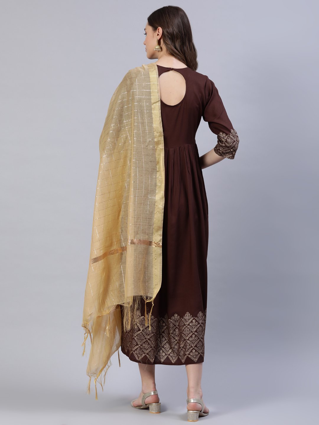Women's Brown Block Printed Dress With Chanderi Dupatta