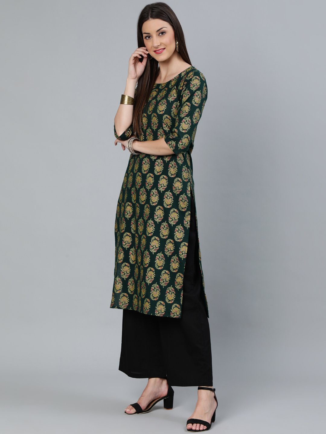 Women's Dark Green & Gold Printed Straight Kurta With Round Neck & Three Qauter Sleeves