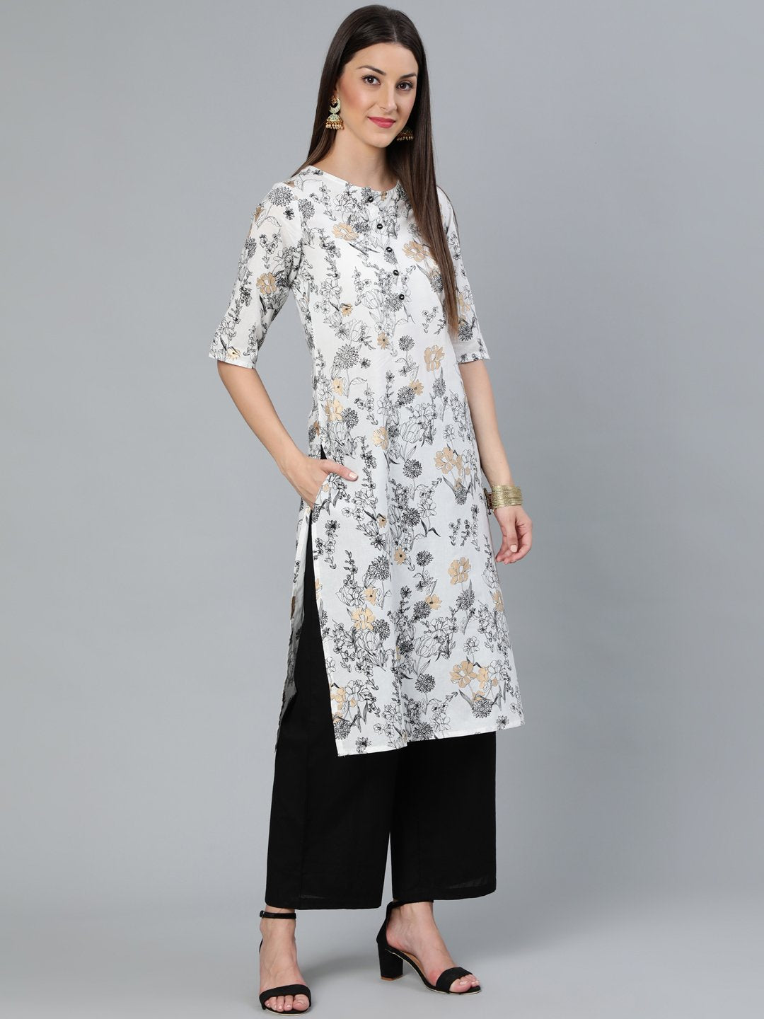 Women's Off-White & Black Printed Straight Kurta With Plazzo & Dupatta