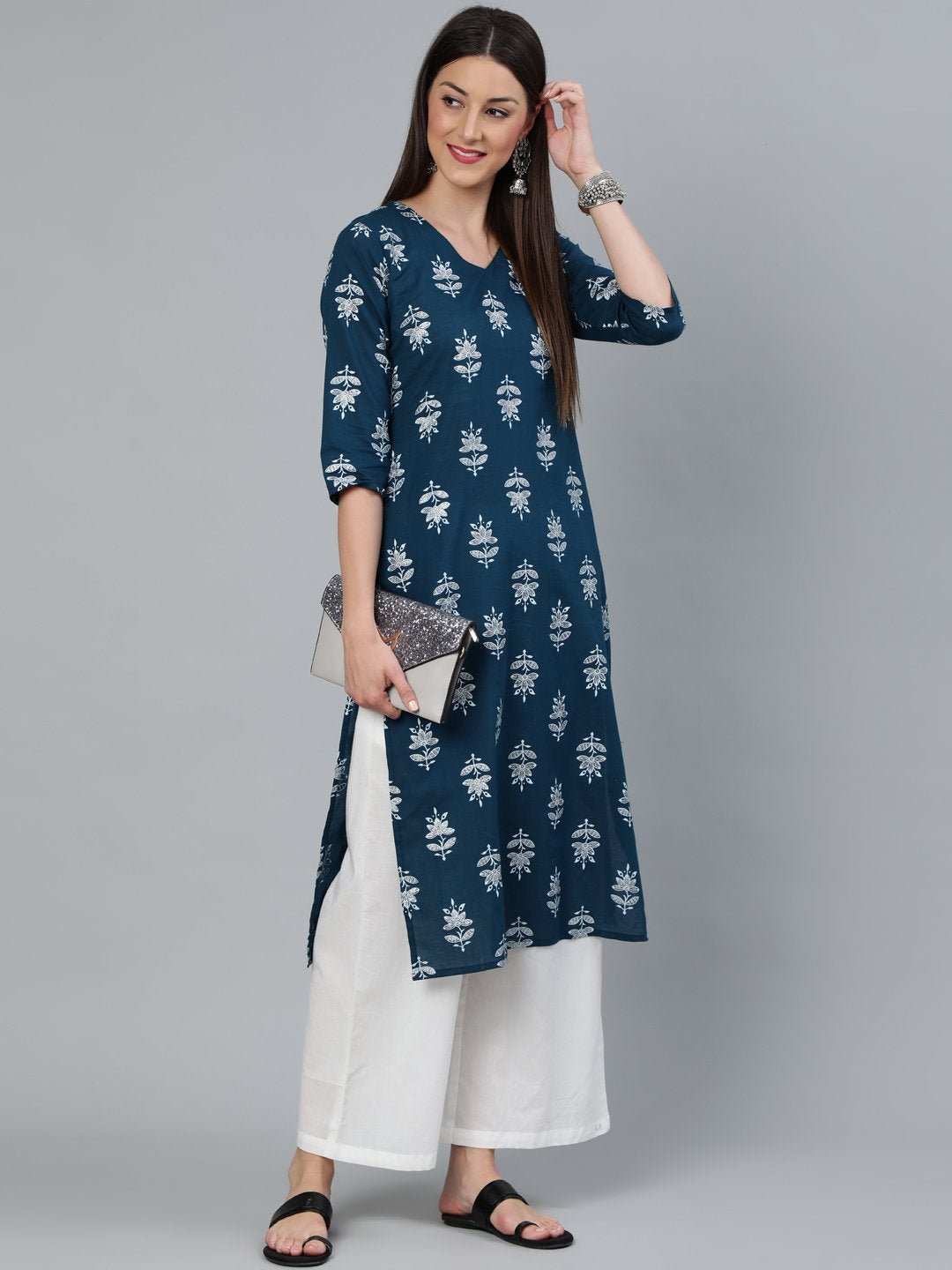 Women's Teal Blue & Silver Printed Straight Kurta With Three Quarters Sleeves