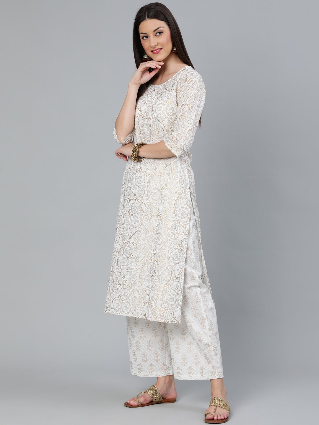 Women's Off-White & Gold Printed Straight Kurta With Plazzo & Dupatta