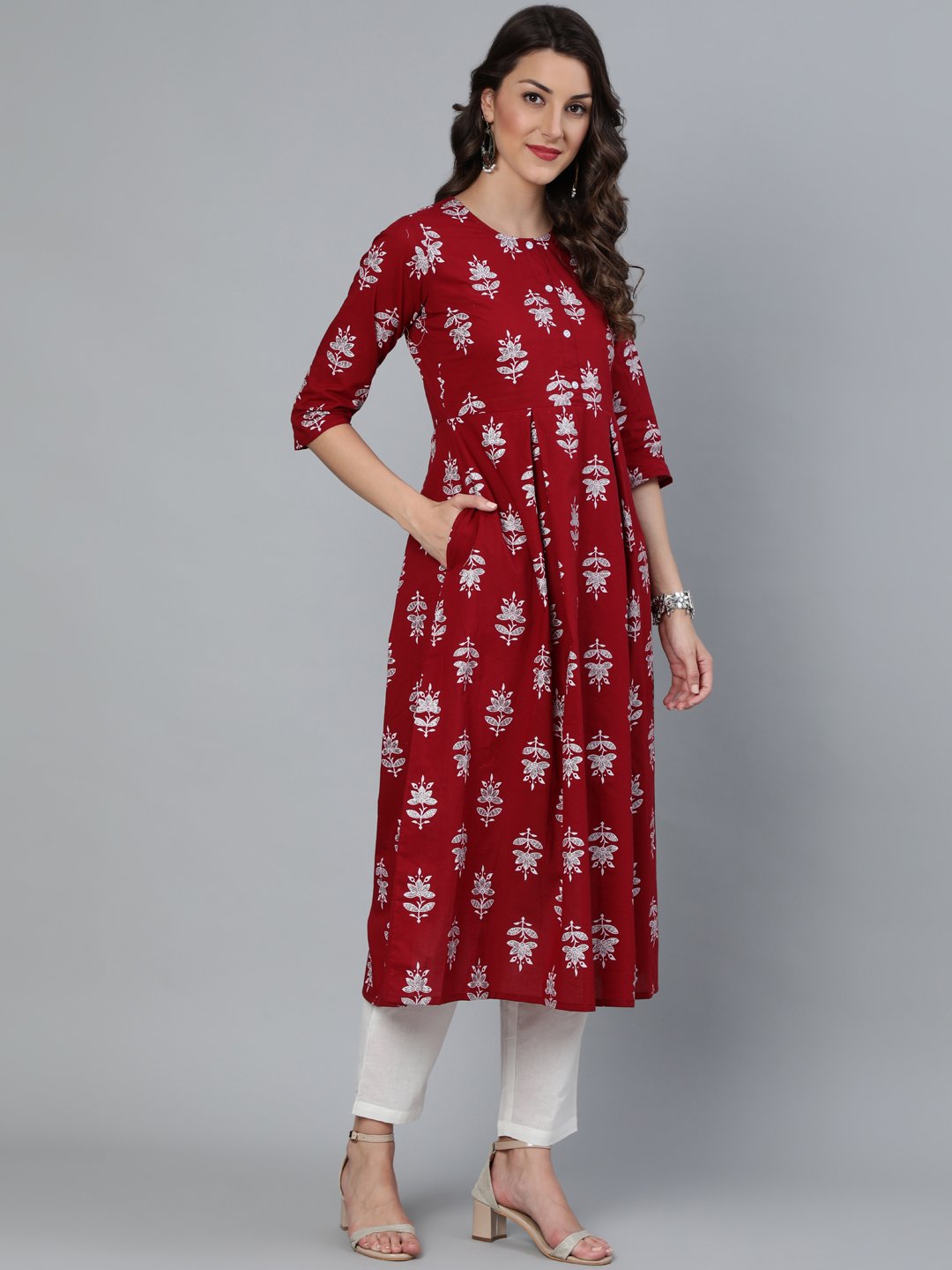 Women's Maroon & Silver Printed Box Pleated Kurta With Trouser & Dupatta
