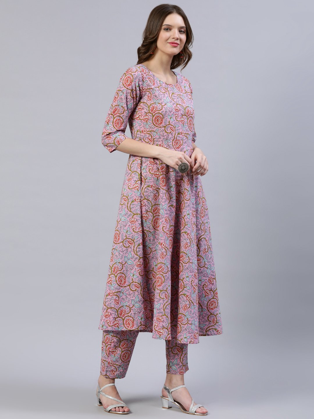 Women's Pink Printed Flared Kurta With Trouser & Dupatta