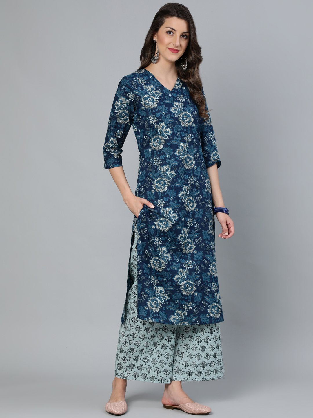 Women's Indigo Blue Printed Straight Kurta With Plazzo & Dupatta