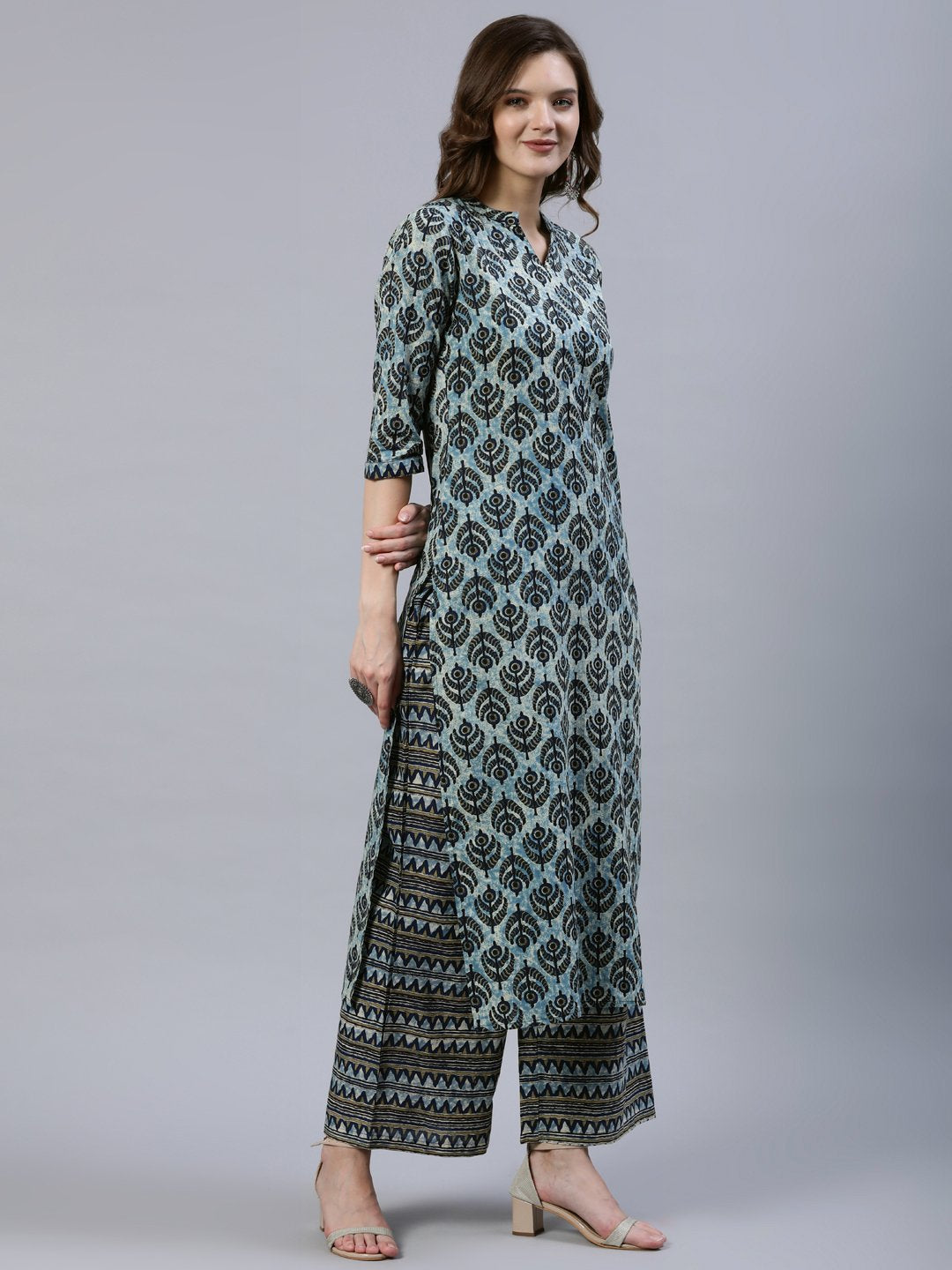 Women's Blue Printed Straight Kurta With Palazo & Dupatta