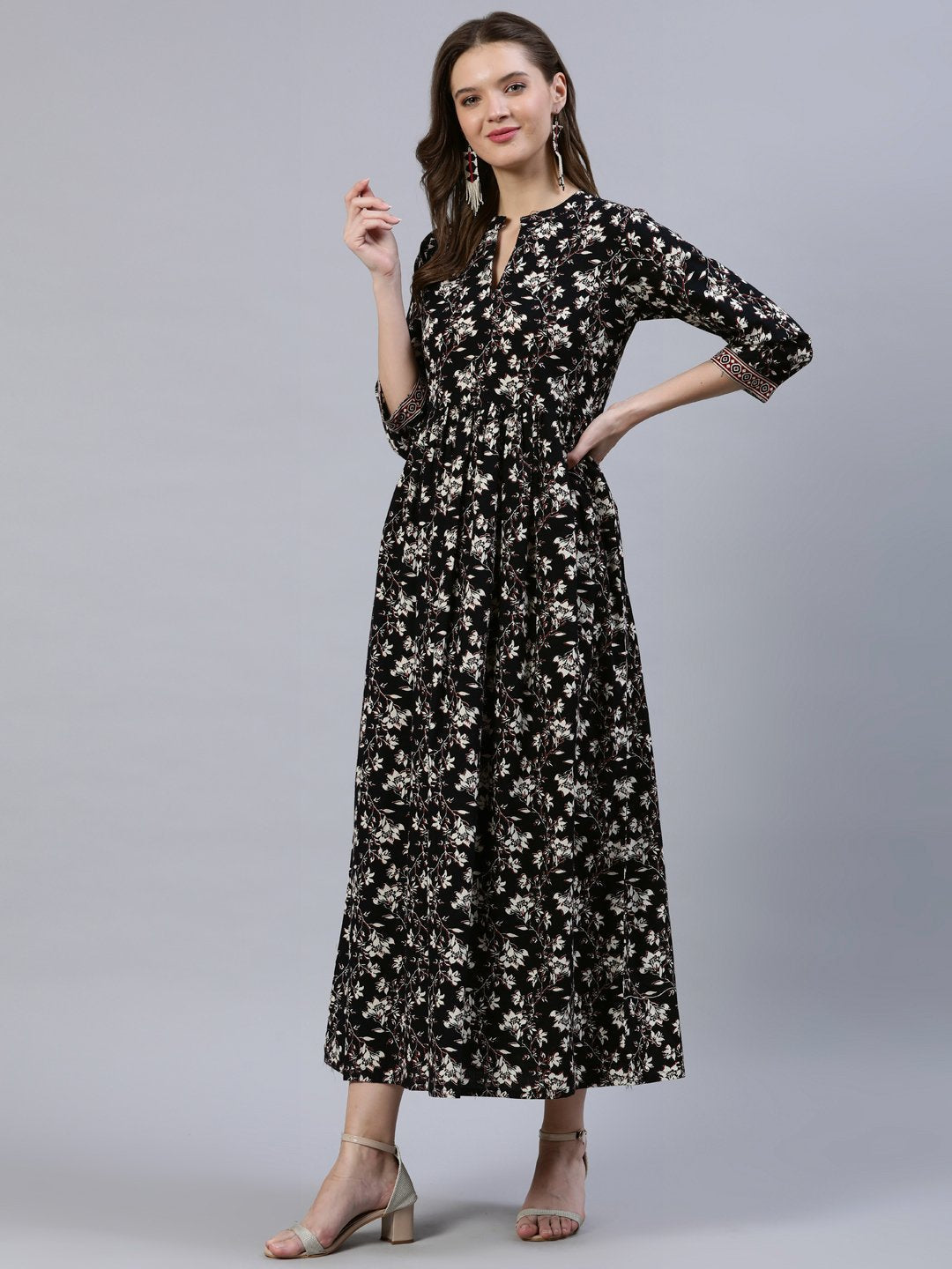 Women's Black Floral Printed Dress With Three Quarter Sleeves