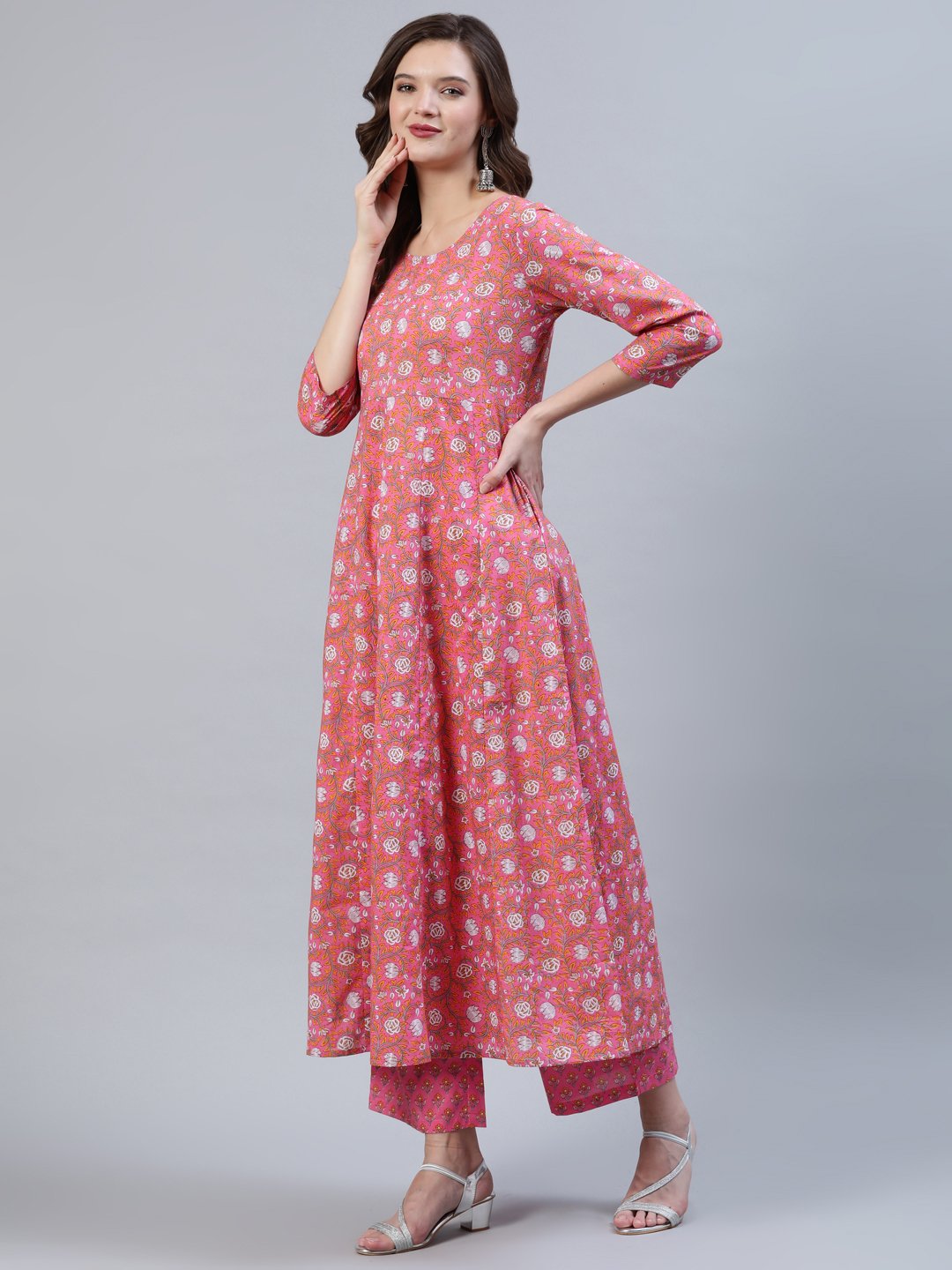 Women's Pink Floral Printed Anarkali Kurta With Palazo & Dupatta
