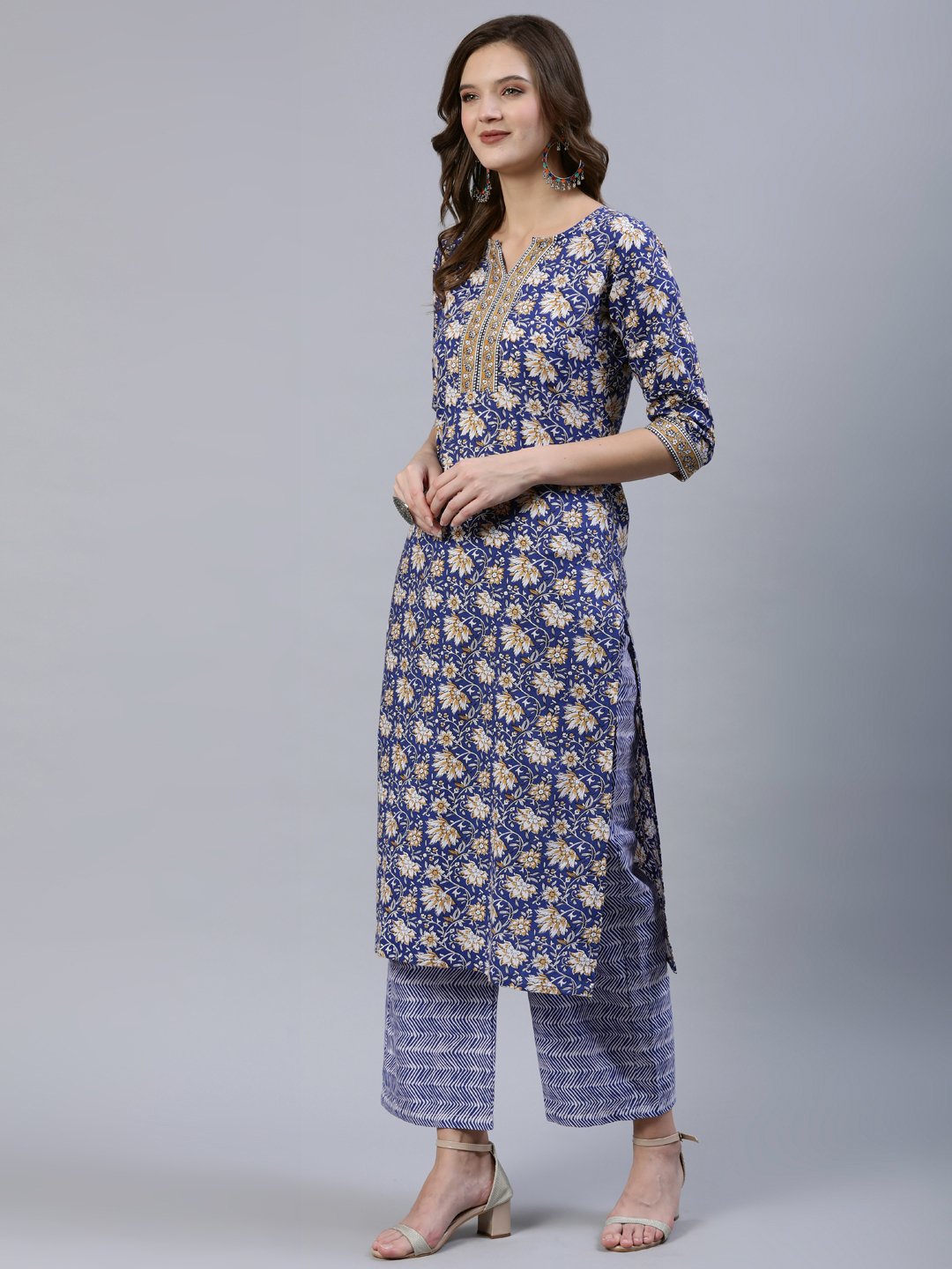 Women's Blue Printed Straight Kurta With Palazo & Dupatta
