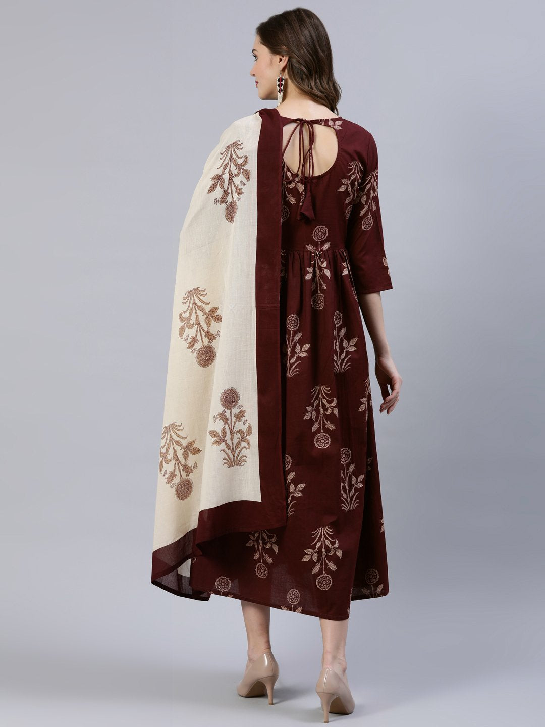 Women's Brown Printed Dress With Dupatta