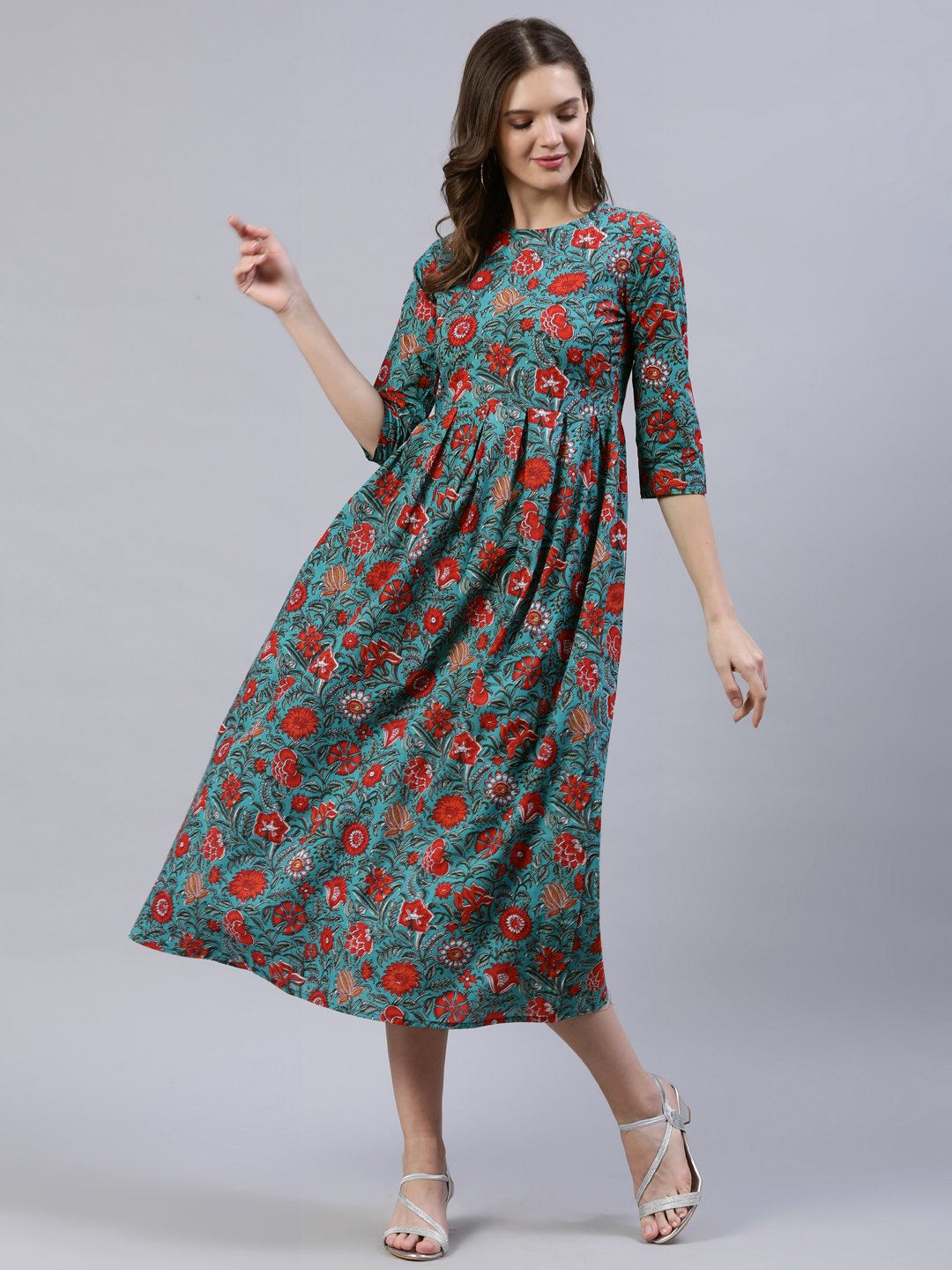 Women's Green Floral Printed Dress With Three Quarter Sleeves