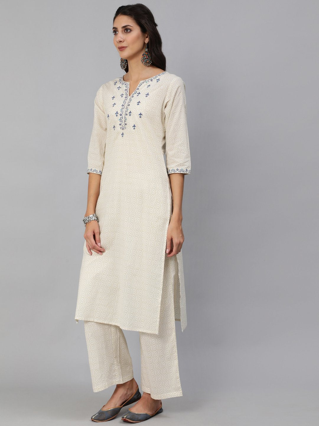 Women's Cream & Blue Embroidered Straight Kurta Set With Plazo & Wrinkled Dupatta