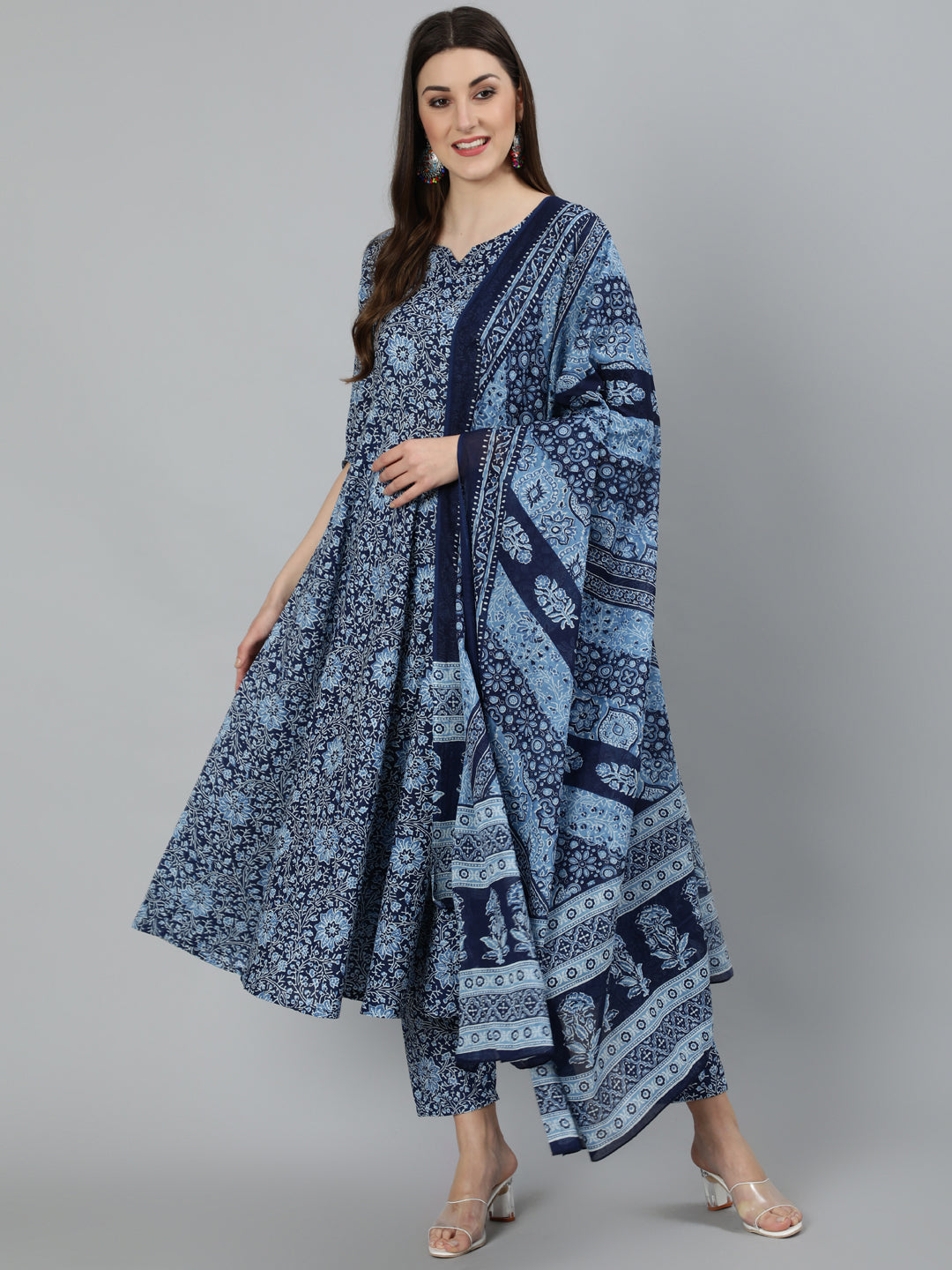 Women's Blue Ethnic Motifs Printed Cotton Kurta with Palazzos & Dupatta