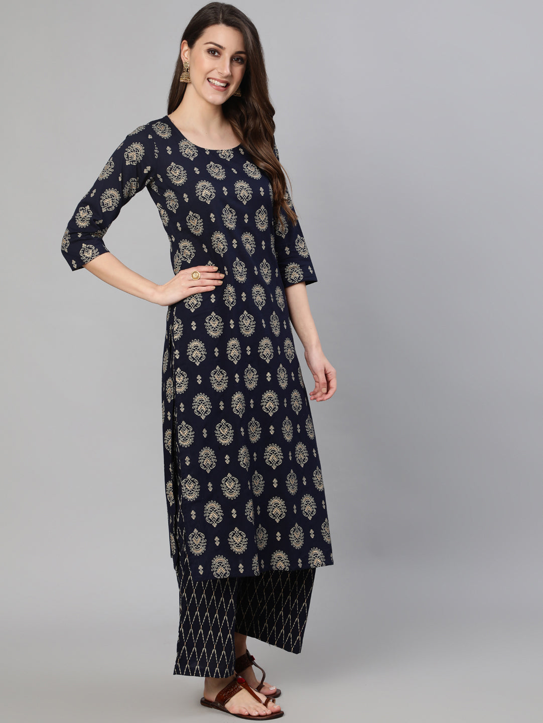 Women's Navy Blue & Gold Printed Straight Kurta With Plazo & Dupatta