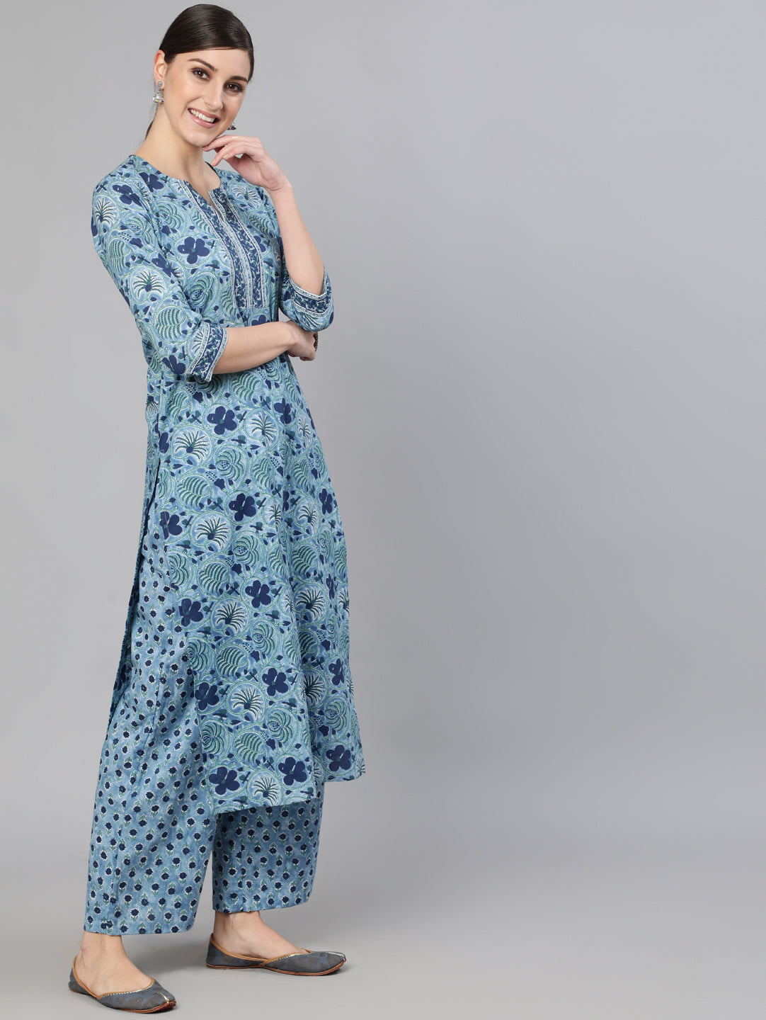 Women's Blue Printed Straight Kurta With Plazo & Dupatta