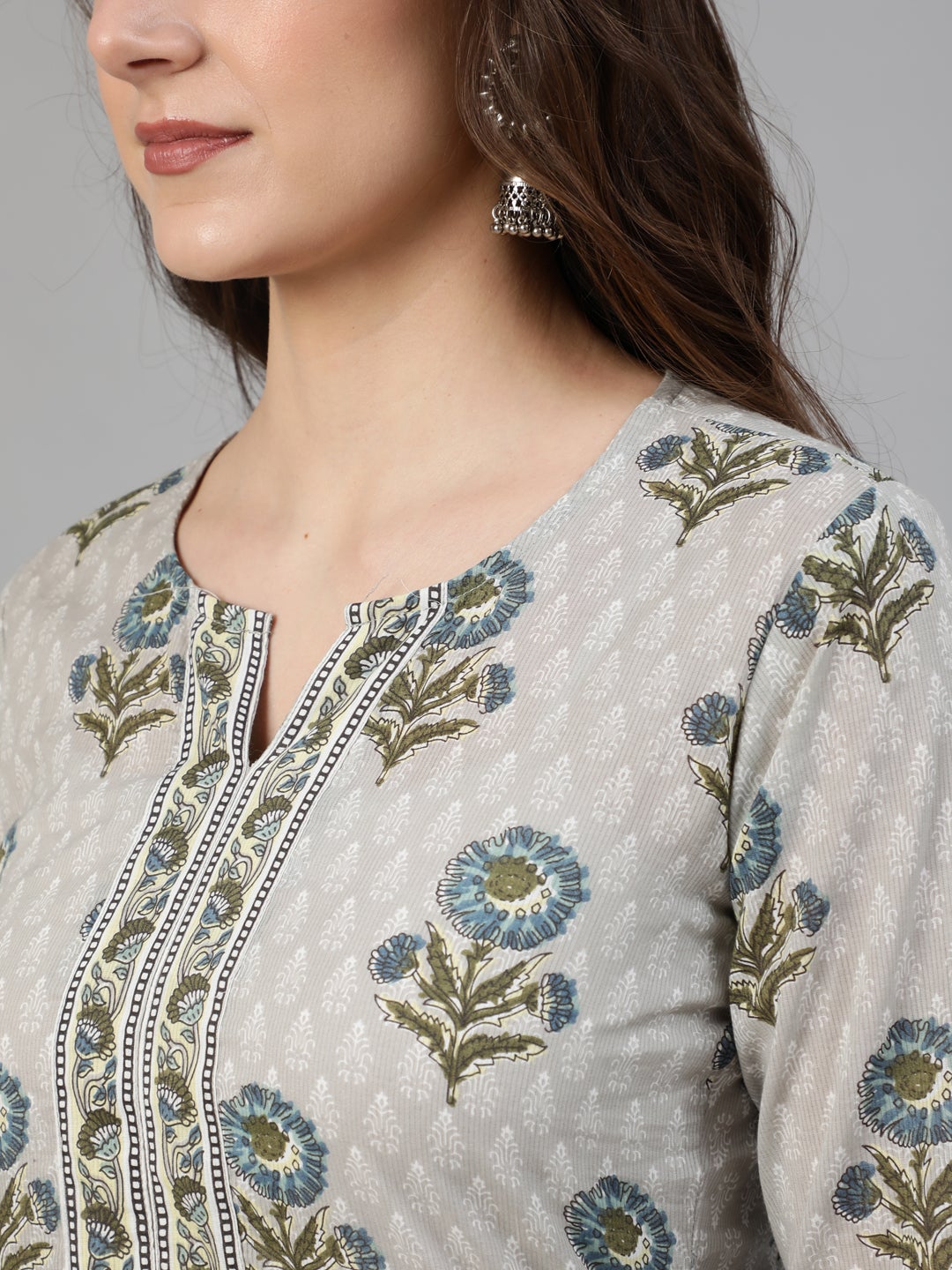 Women's Grey Floral Printed Straight Kurta With One Side Pocket