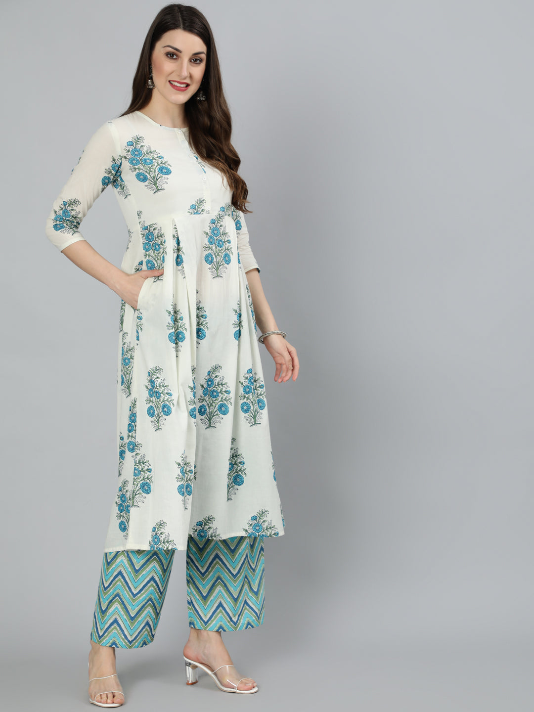 Women's White Ethnic Floral Printed Flared Kurta With Palazzo And Dupatta