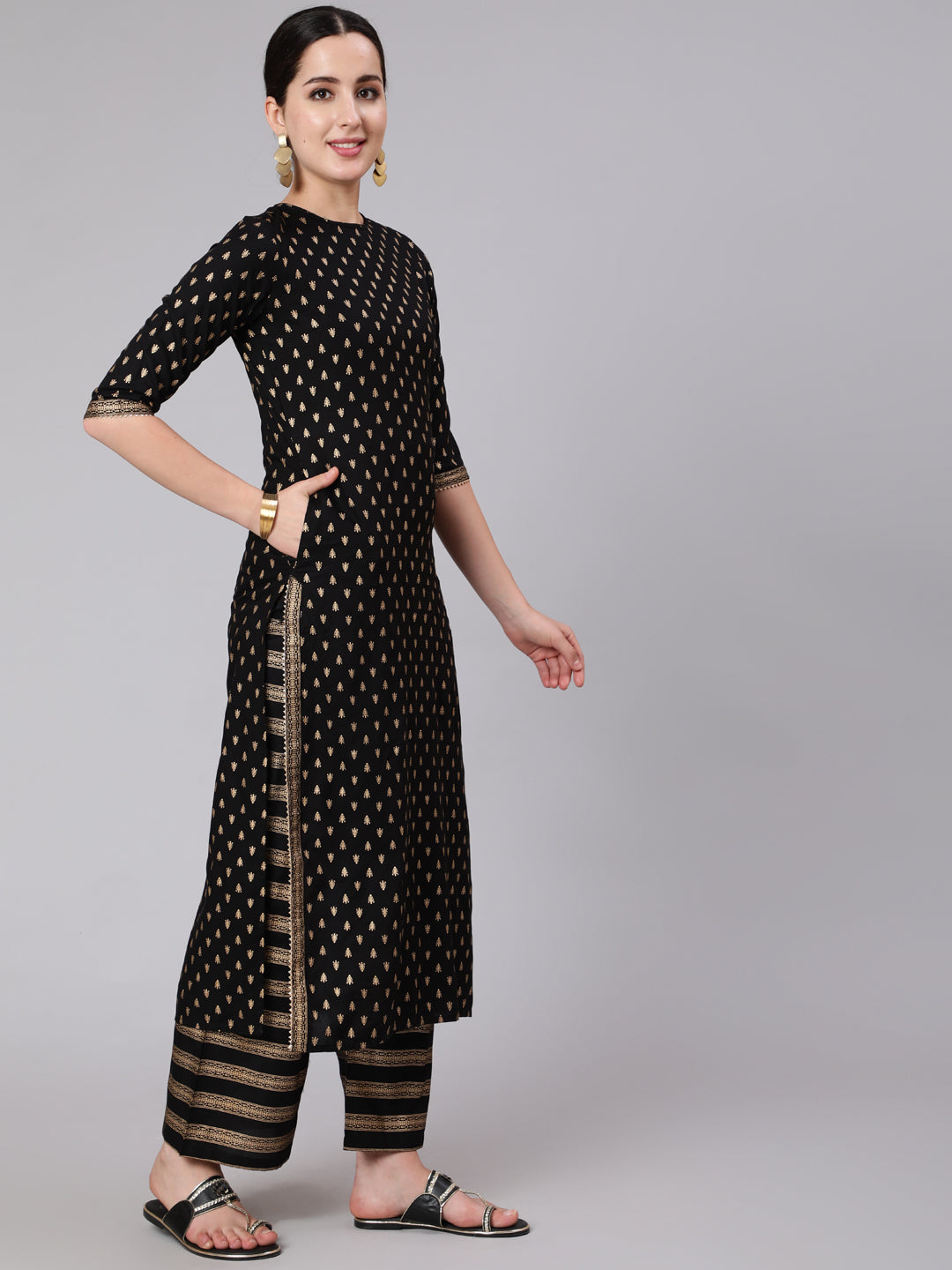 Women's Black & Gold Ethnic Printed Kurta With Palazzo & With Net Dupatta
