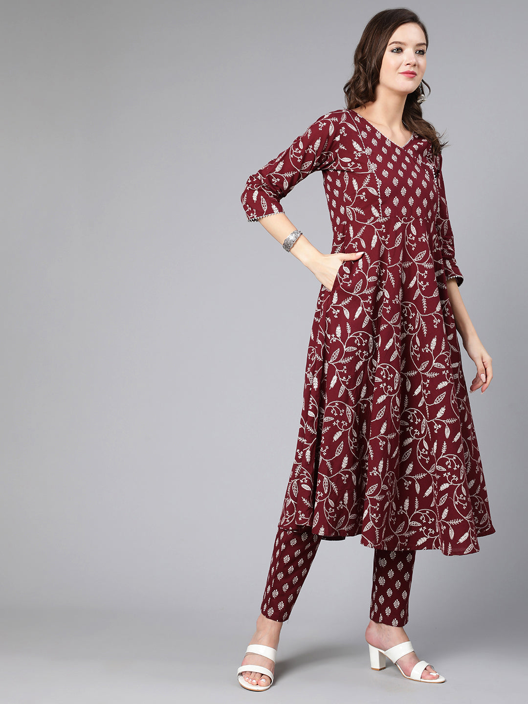 Women's Burgundy Printed Flared Kurta With Trouser And Dupatta