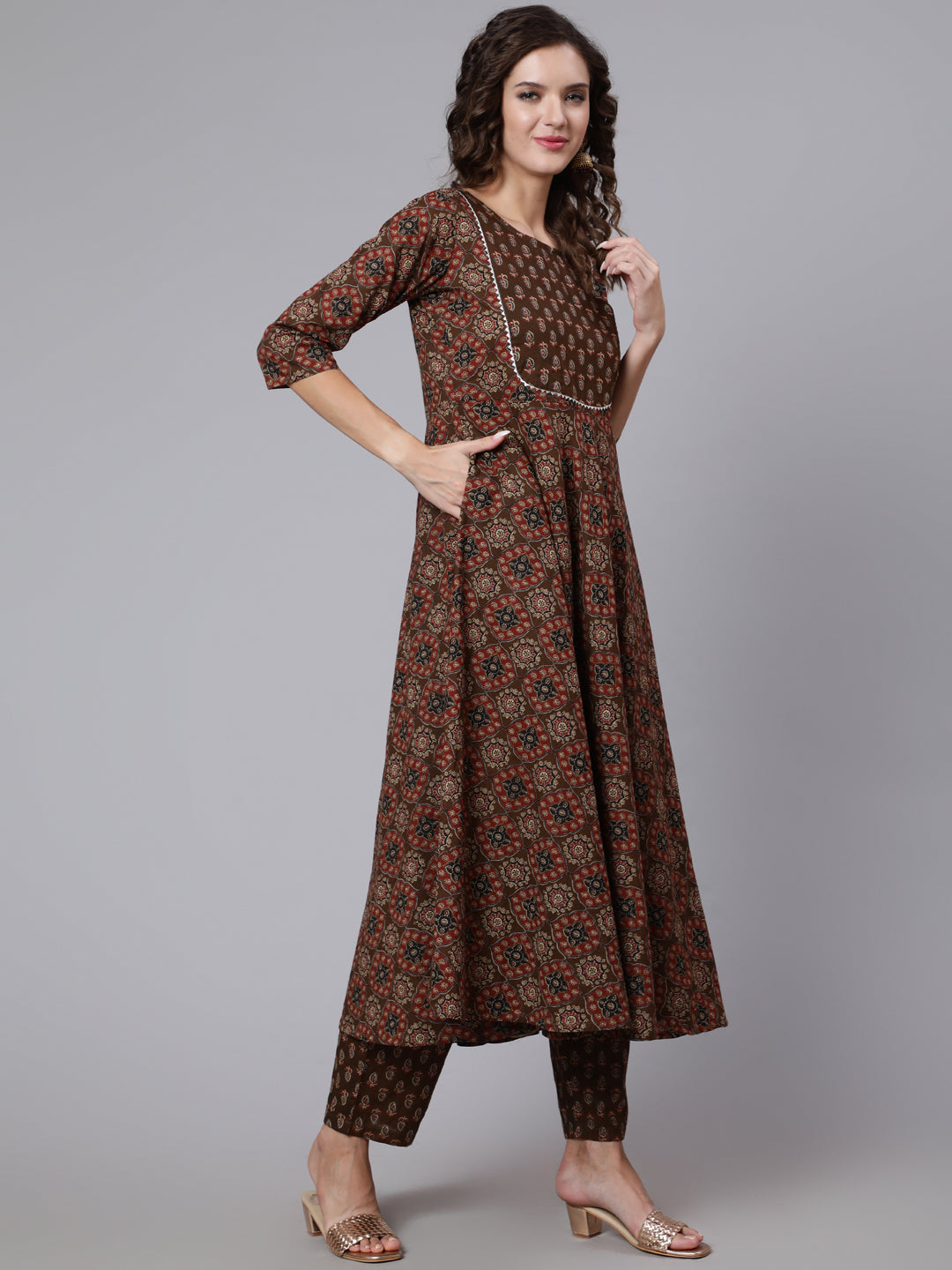 Women's Brown Ethnic Motifs Yoke Design Cotton Kurta with Trousers & With Dupatta