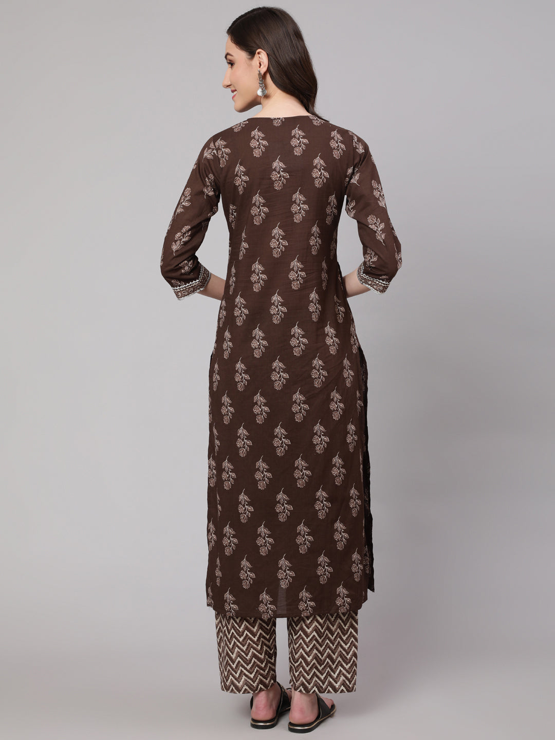Women's Brown Floral Printed Straight Kurta With Palazzo