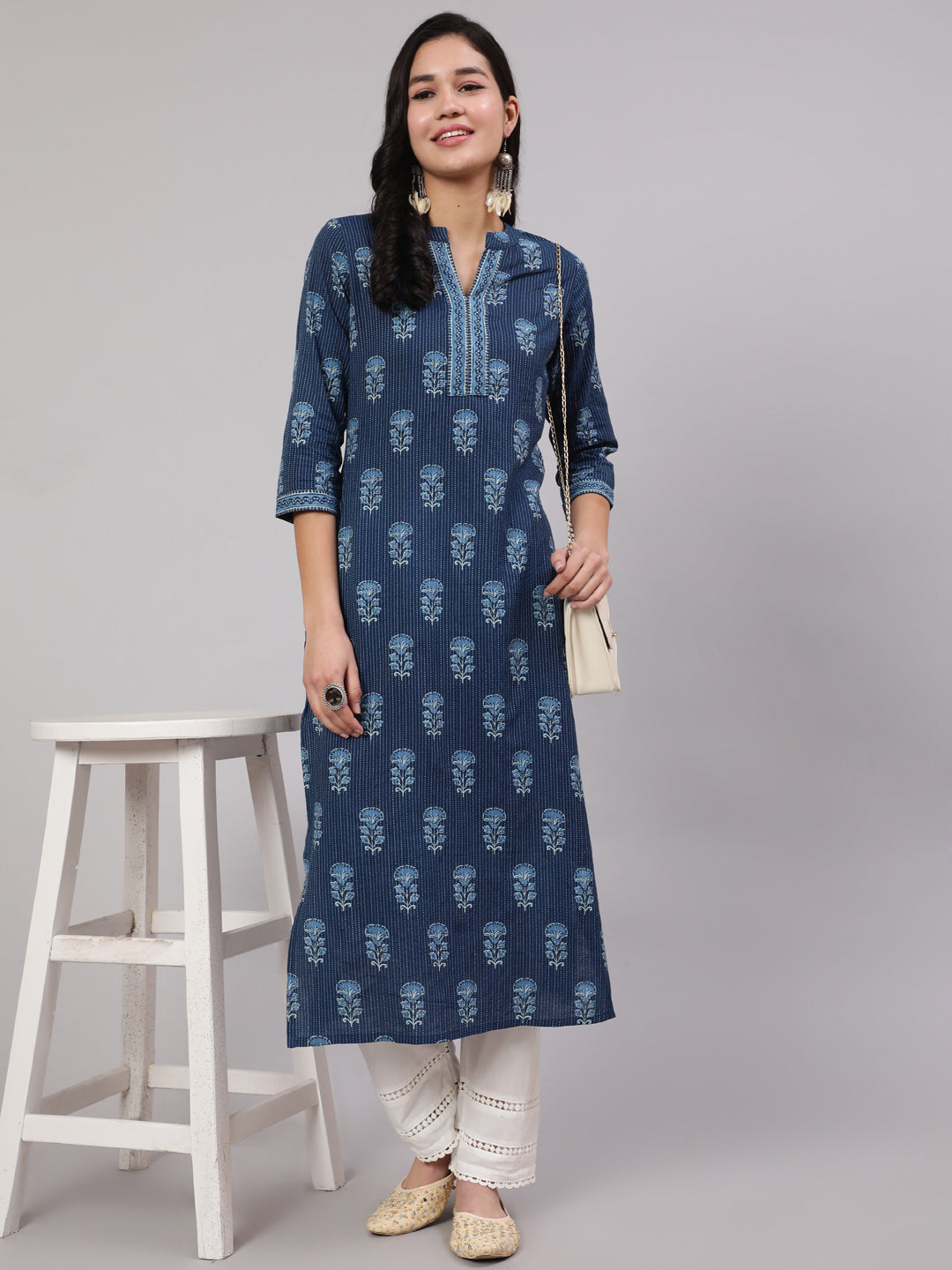 Women's Blue Printed Straight Kurta With White Solid Trouser