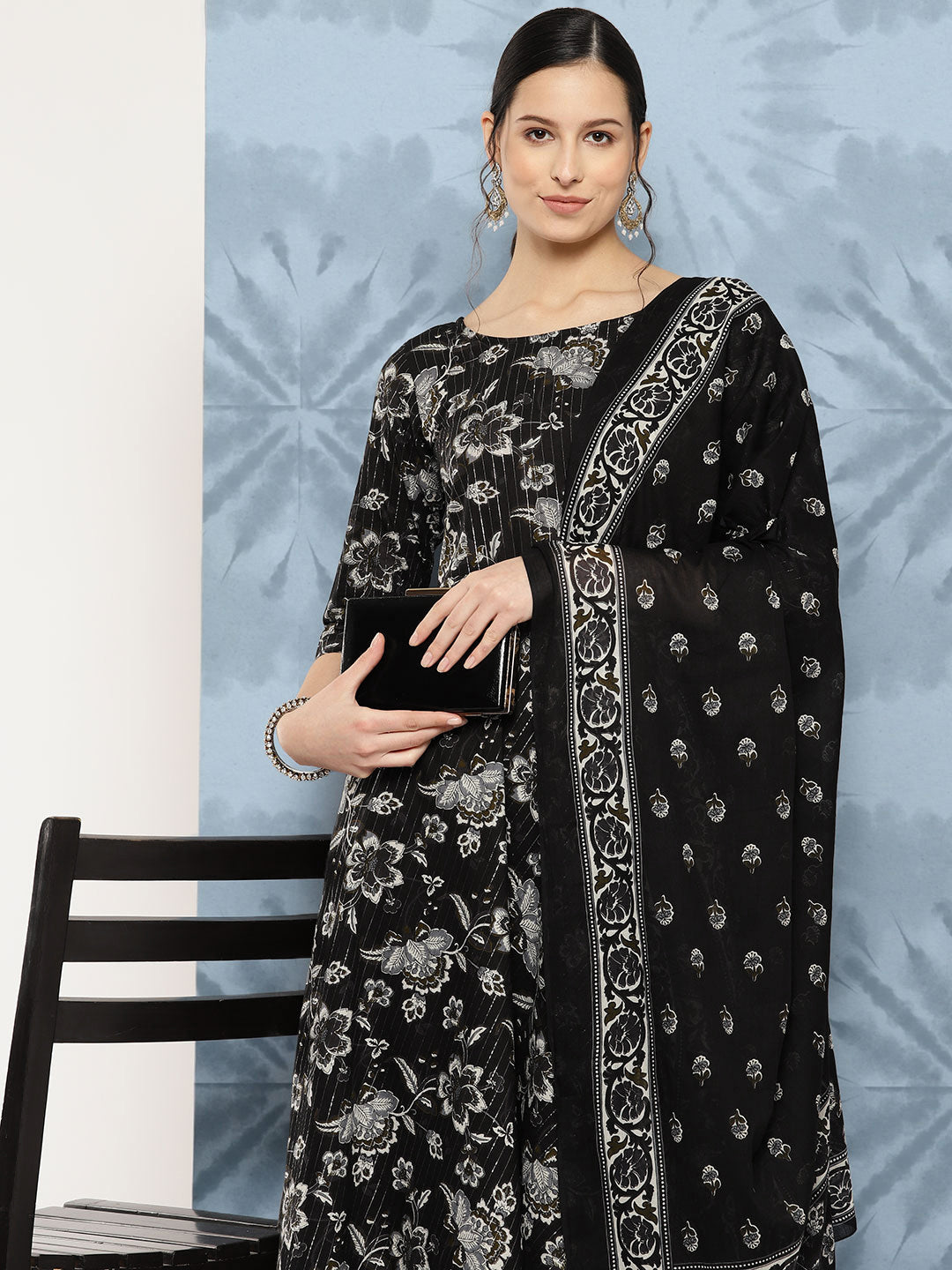 Women's Black Floral Printed Flared Kurta With Trouser And Dupatta