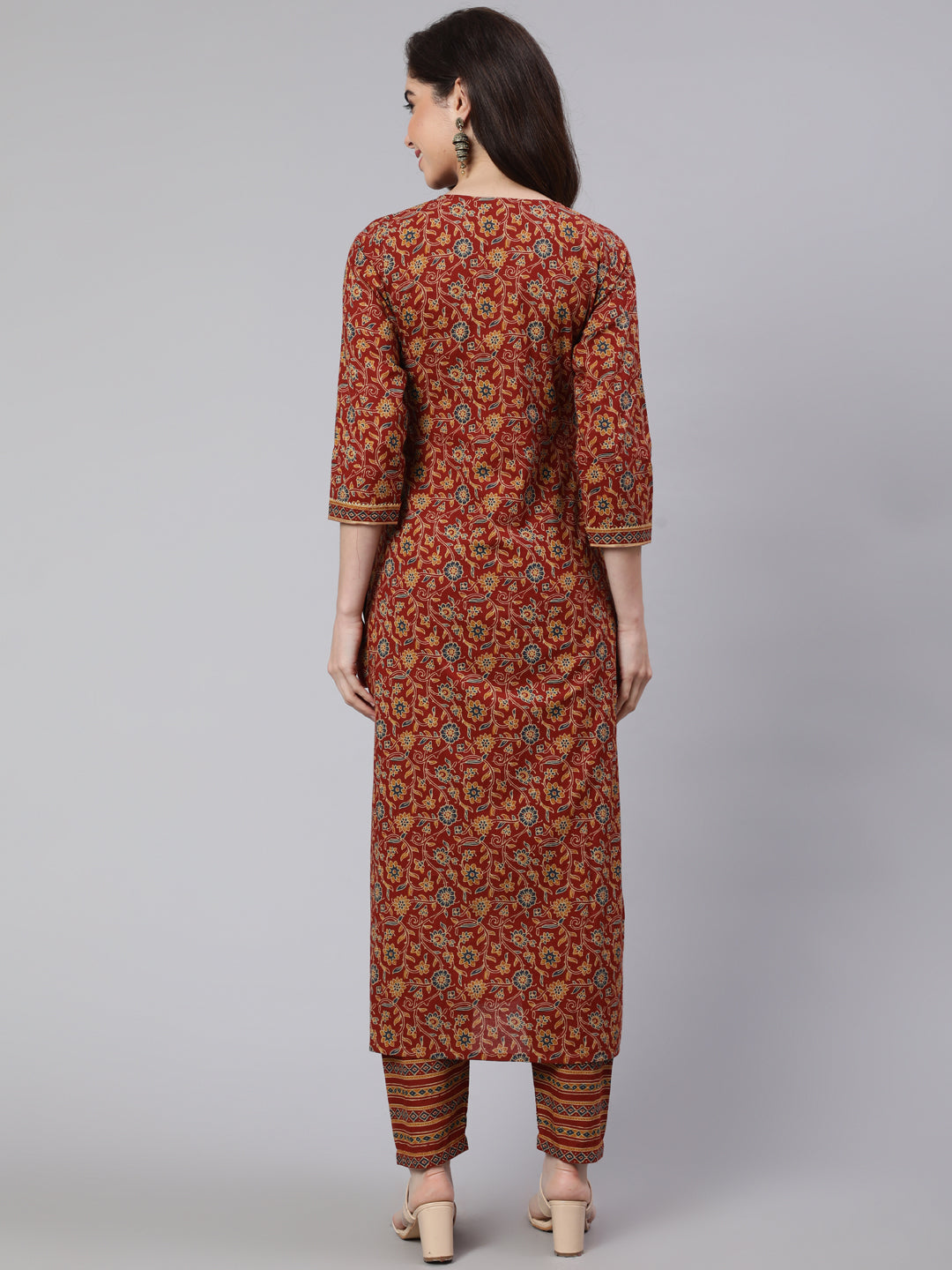 Women's Maroon Ethnic Printed Straight Kurta With Trouser