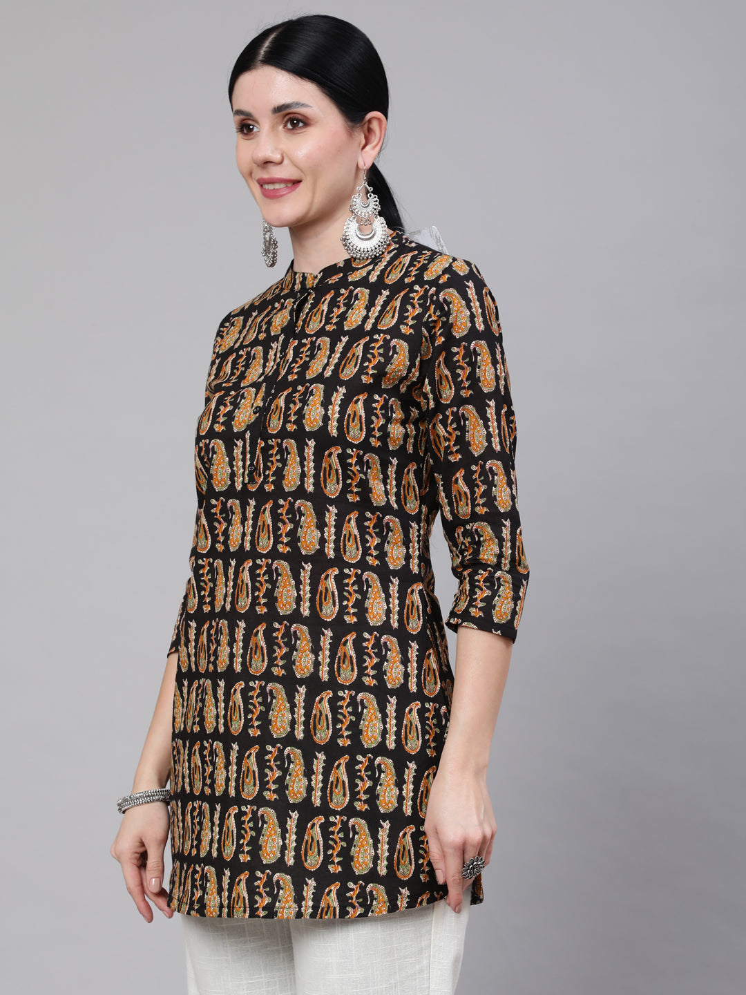 Women's Black Paisley Printed Straight Tunic With Three Quarter Sleeves
