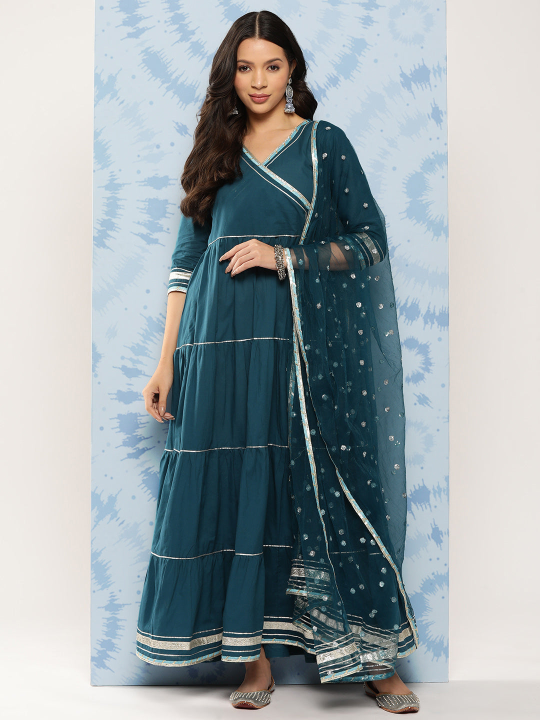 Women's Teal Blue Flared Dress With Net Secquance Dupatta