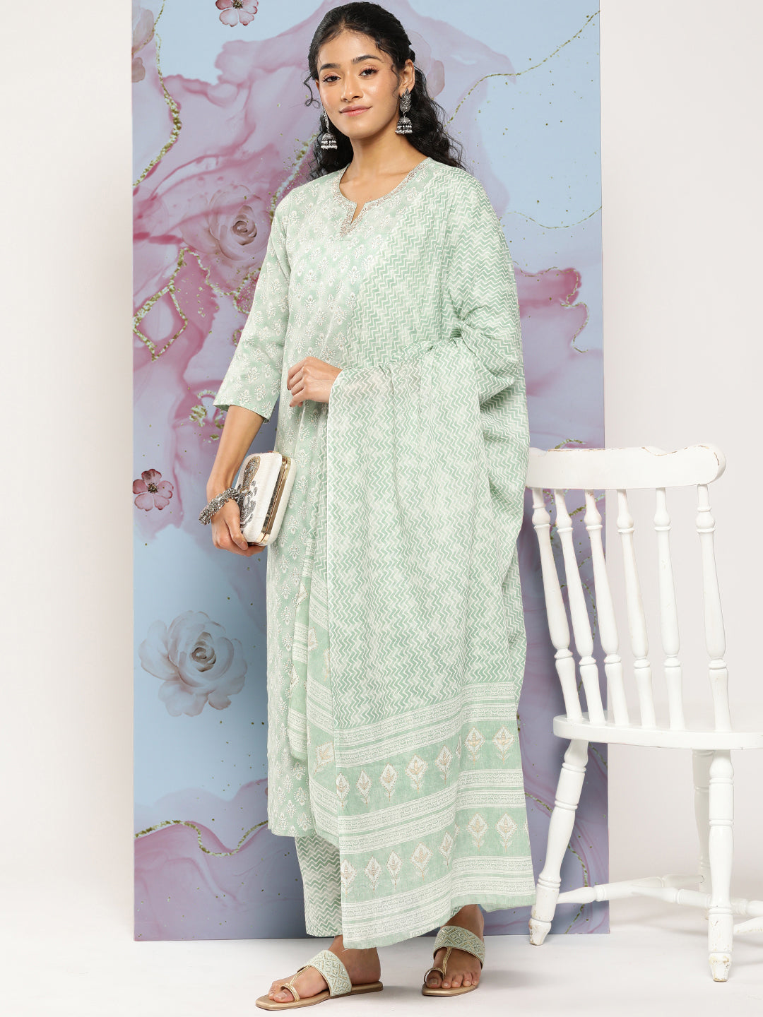 Women's Green Ethnic Embroidered Kurta With Palazzo And Dupatta