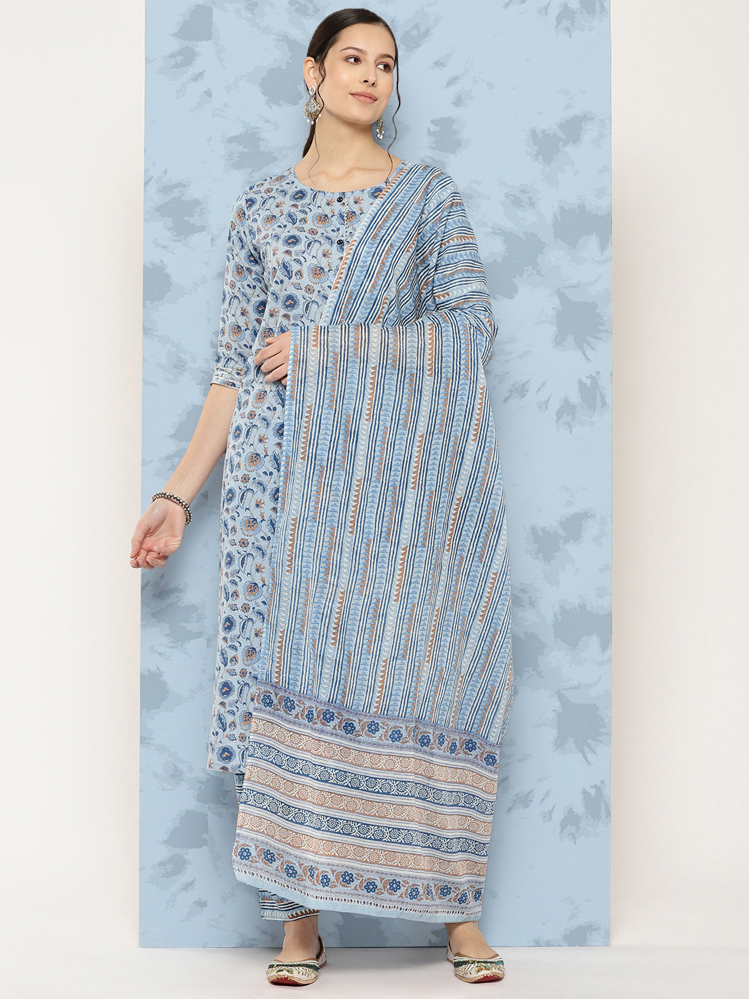 Women's Blue Floral Printed A-Line Kurta With Palazzo And Dupatta