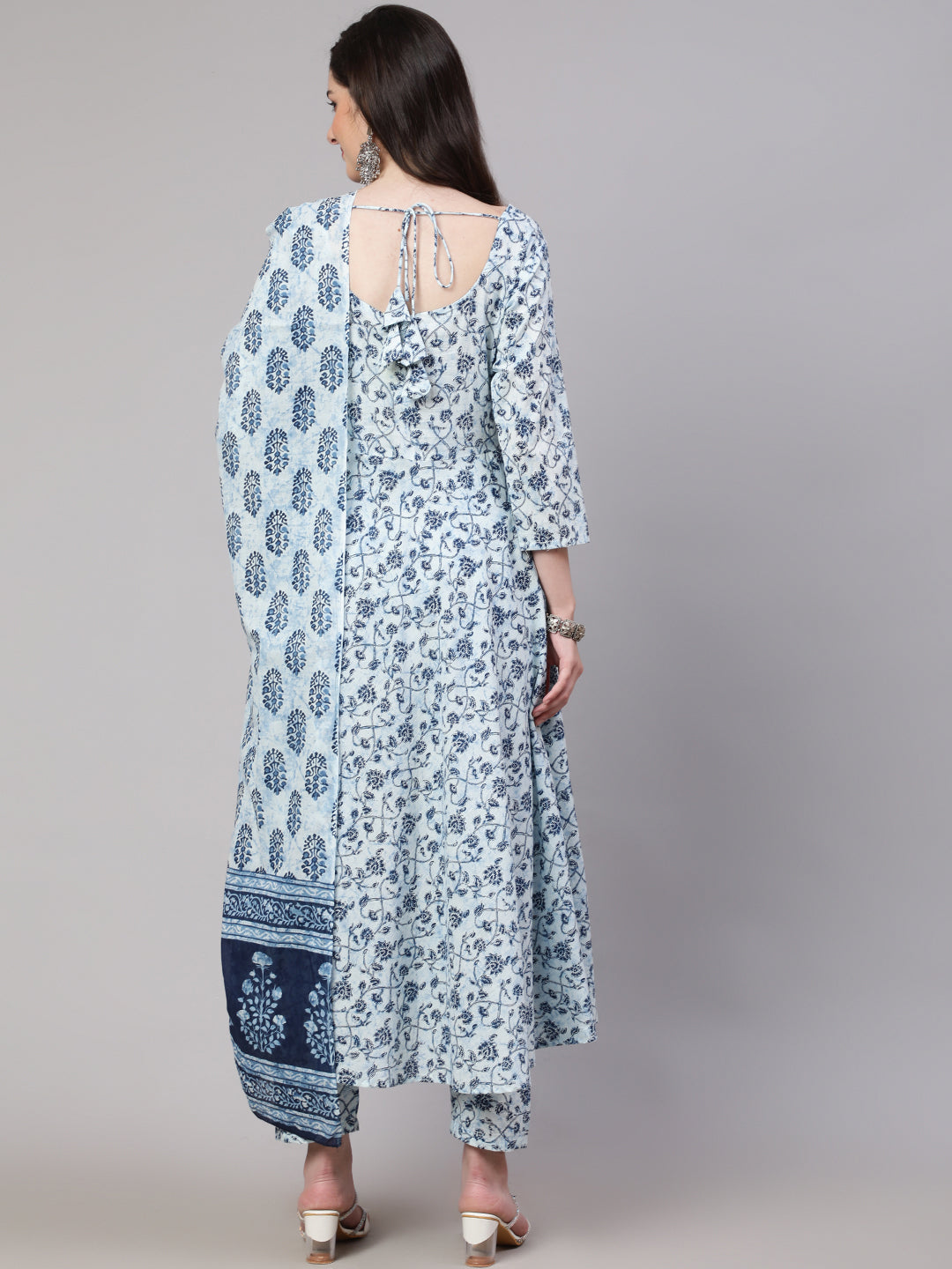 Women's Blue Floral Printed Anarkali Kurta With Trouser And Dupatta
