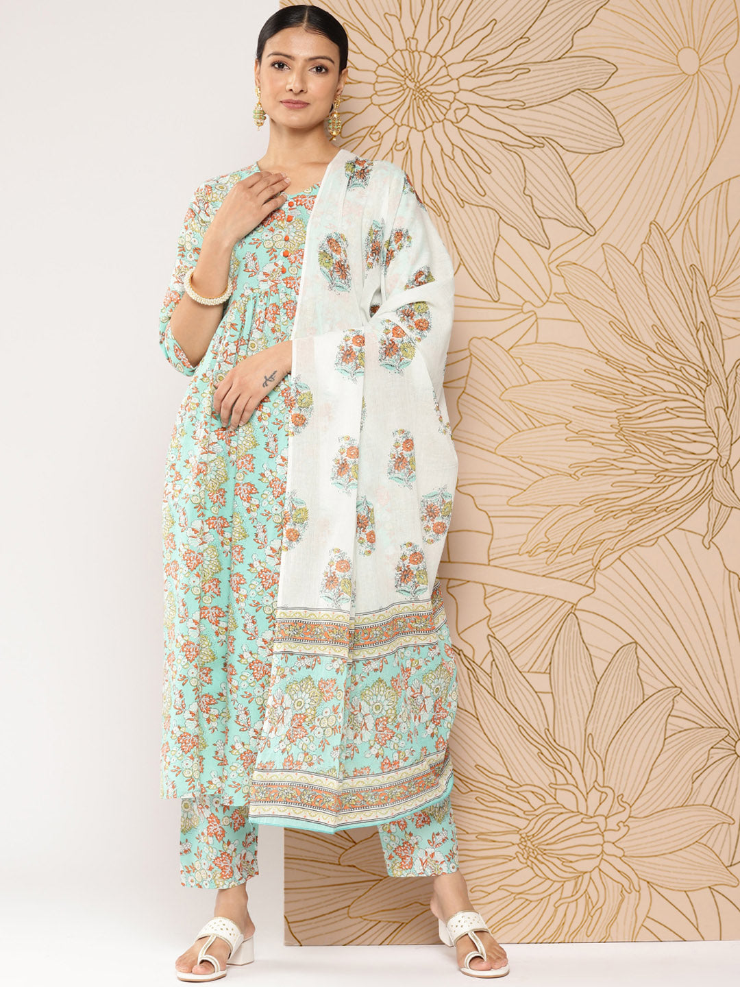 Women's Green Printed Gathered Kurta And Trouser With Dupatta