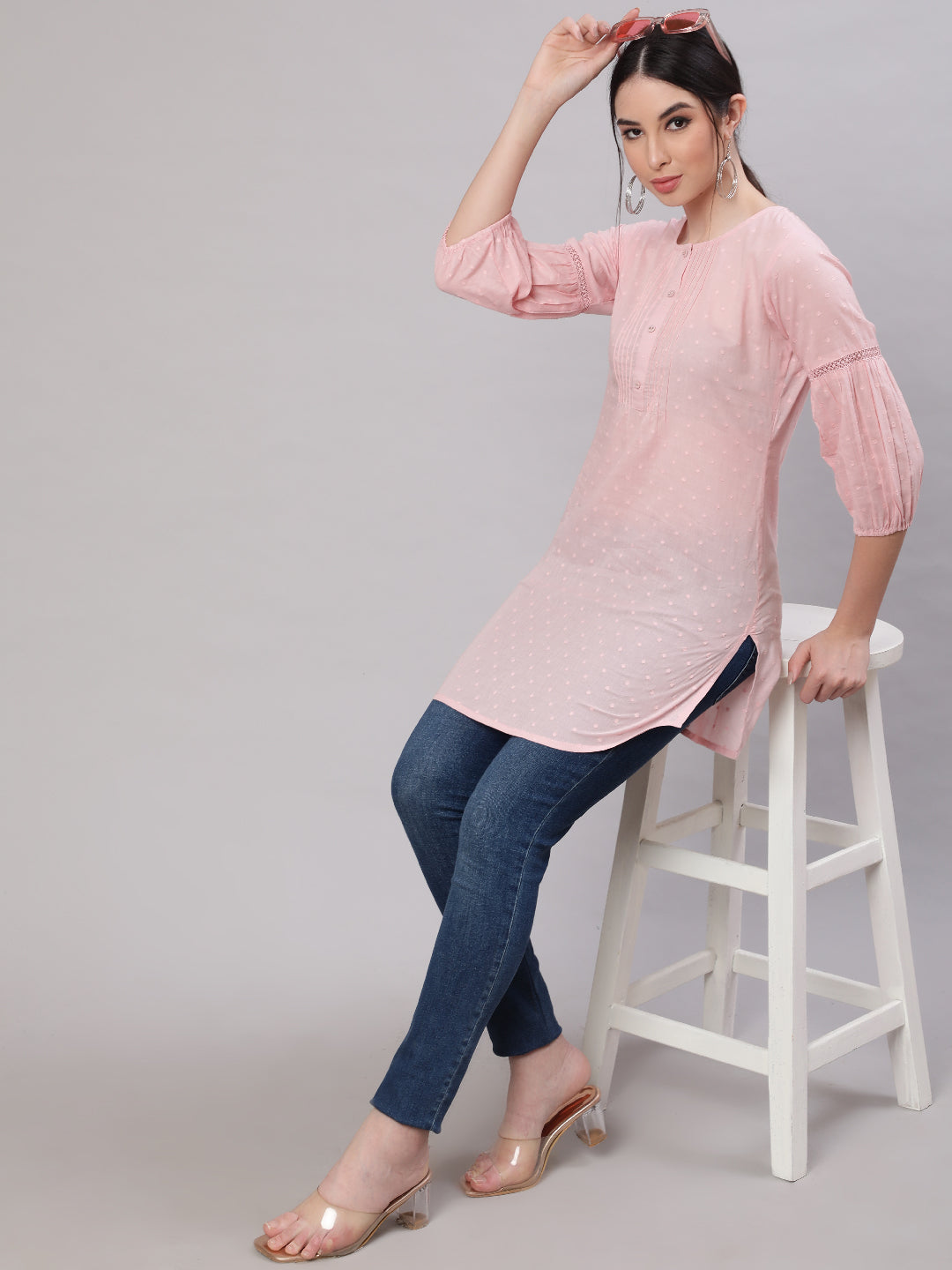 Women's Pink Straight Tunic With Three Quaretr Sleeves