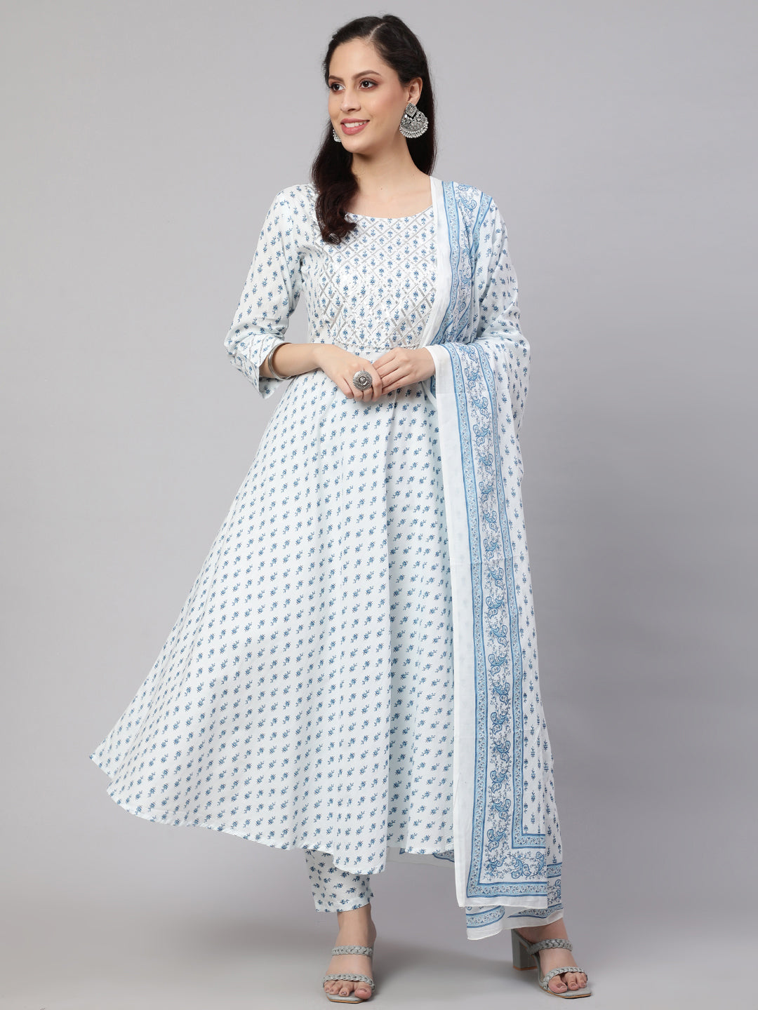 Women's Off-White Ethnic Printed Kurta With Trouser And Dupatta
