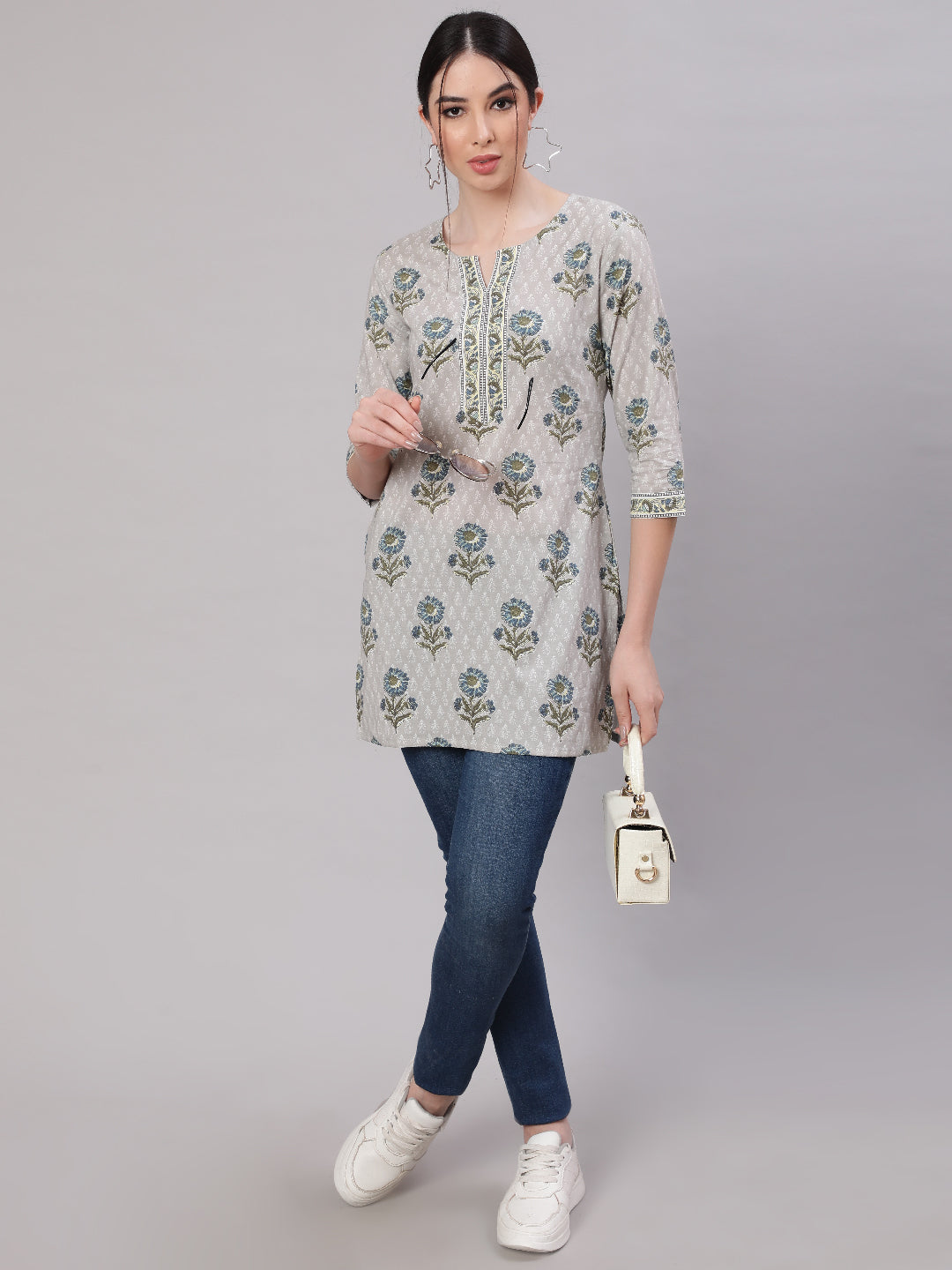 Women's Grey Ethnic Printed Straight Tunic