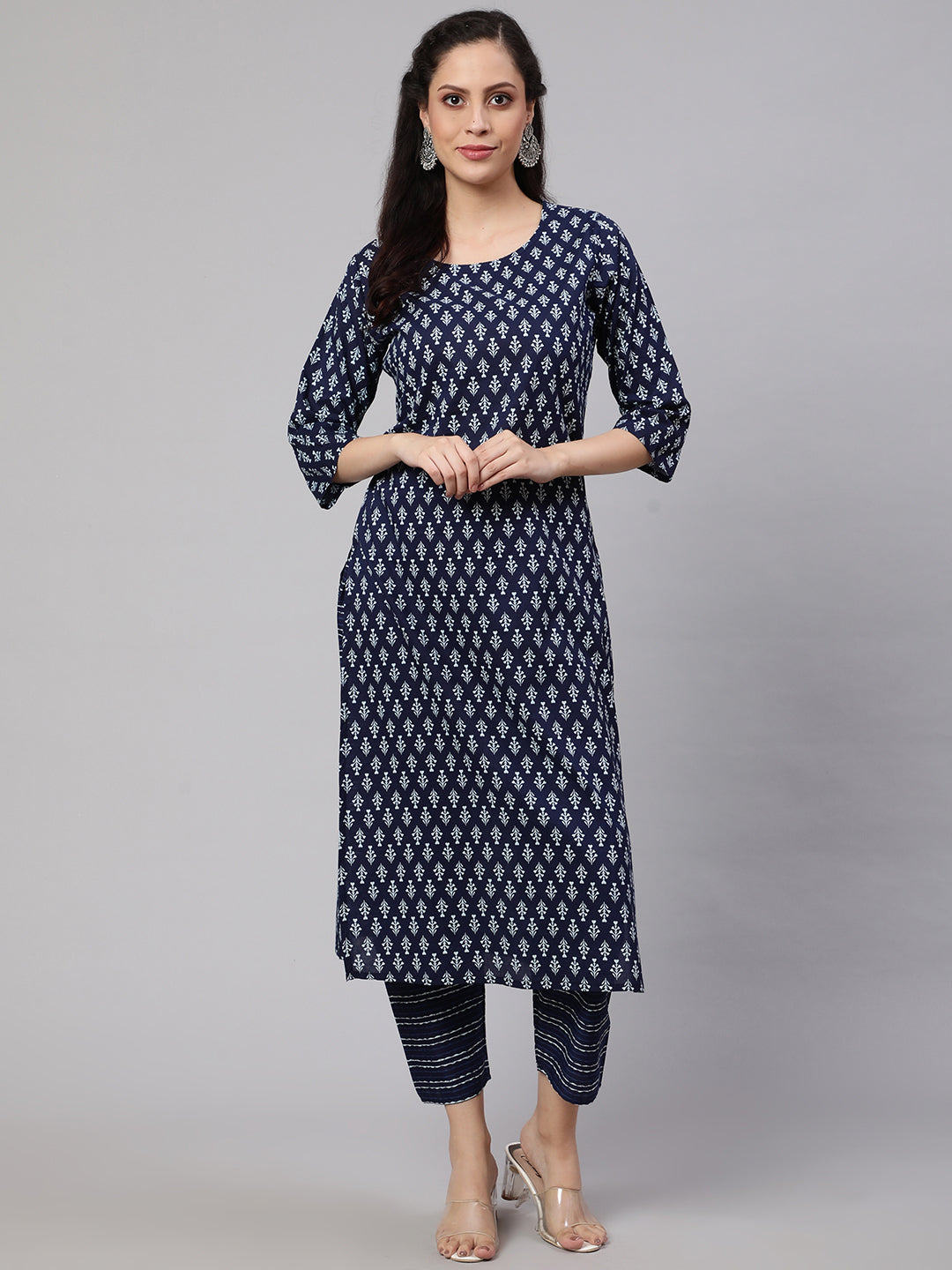 Women's Navy Blue Printed Straight Kurta With Trouser
