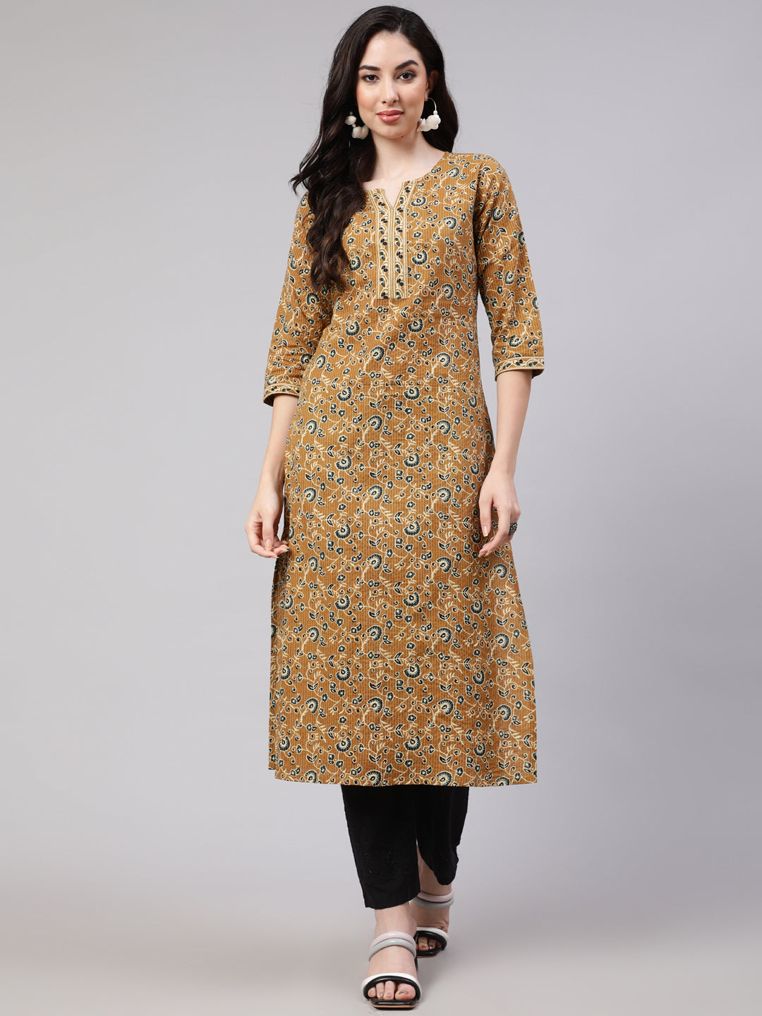Women's Wome Mustrad Printed Straight Kurta Three Quarter Sleeves