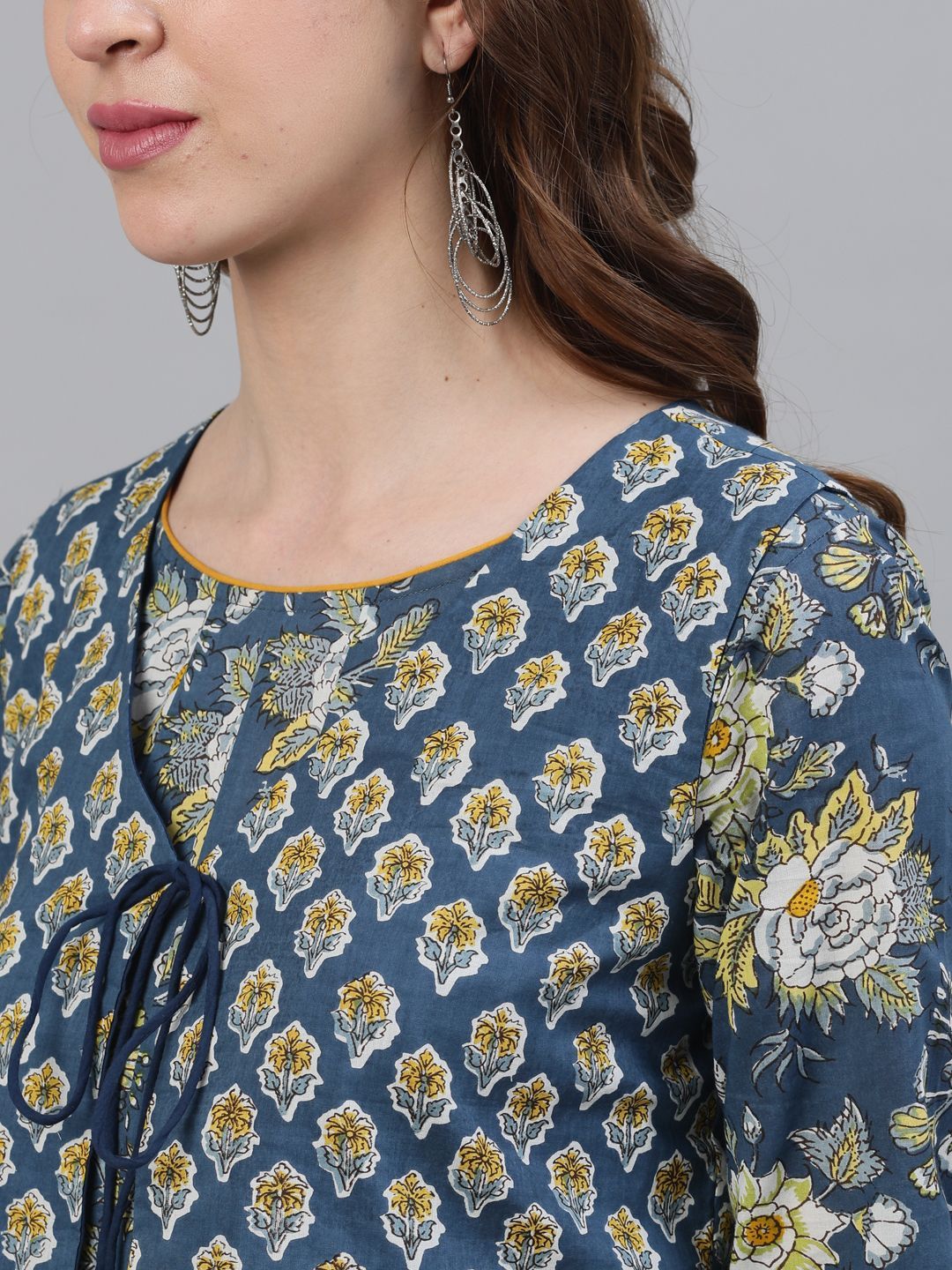 Women's Blue & Yellow Floral Printed Anarkali With Jacket