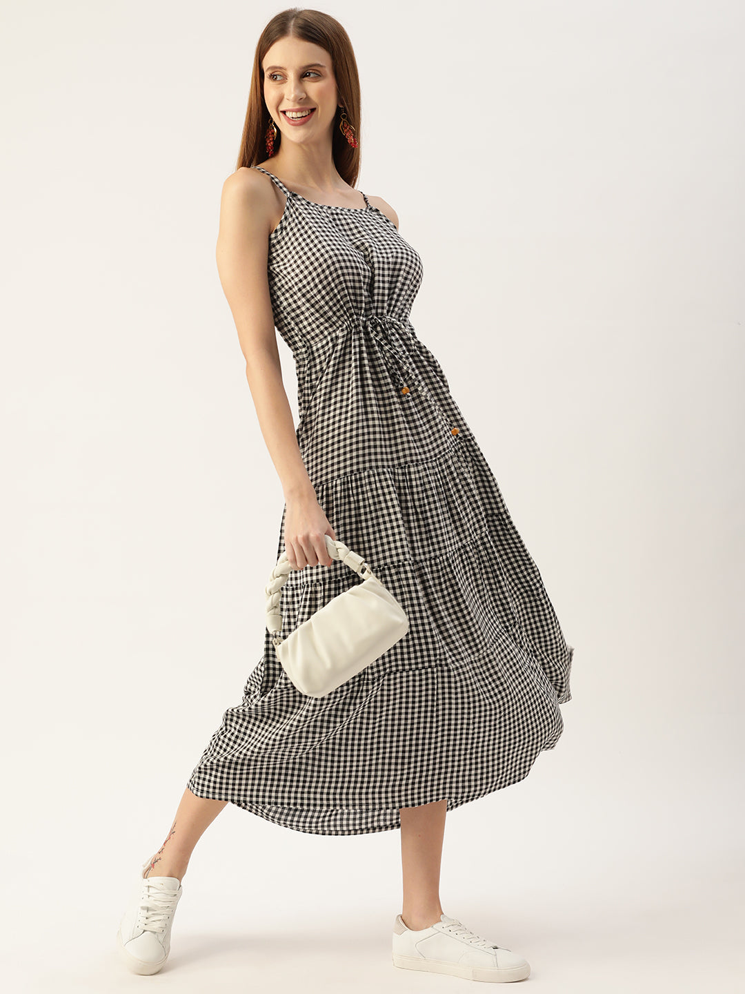 Women's Black&White Color Rayon Ckecked A-Line Layered Dress