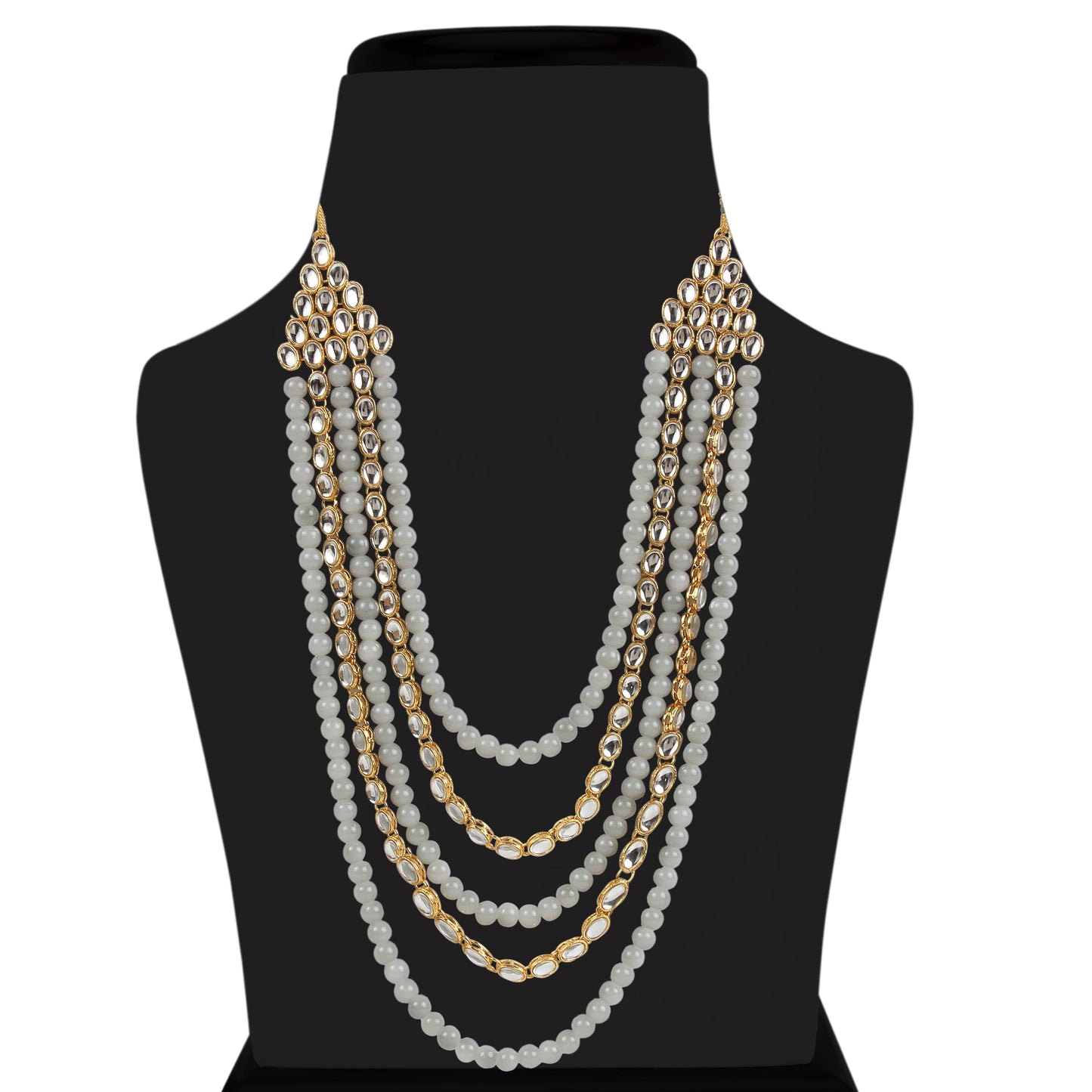 Women's gold plated kundan beads multi strand necklace set with earrings ij318pi