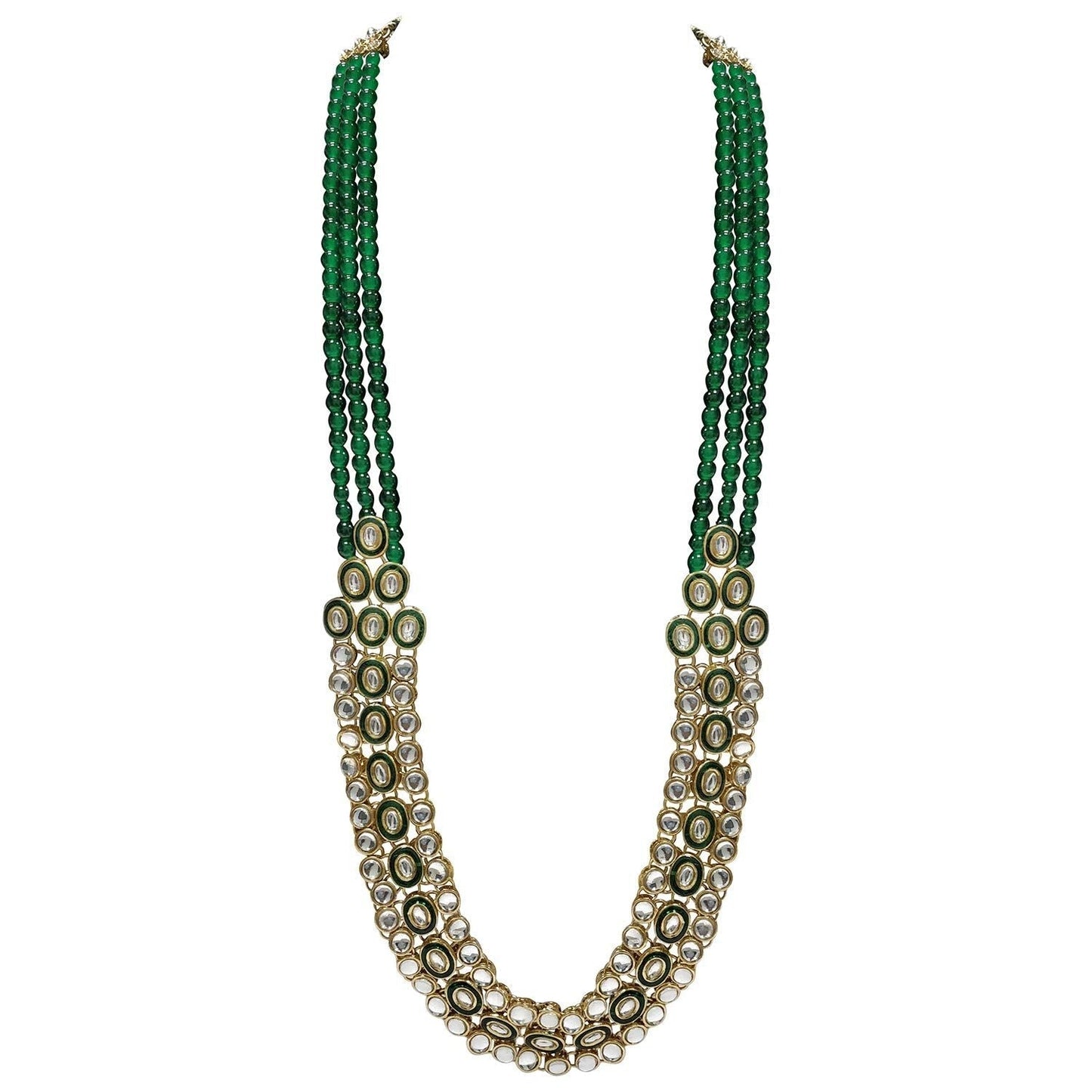 Women's 18K Gold Plated Traditional Stunning Green Meenakari Kundan Studded Pearl Necklace Jewellery Set with Earrings