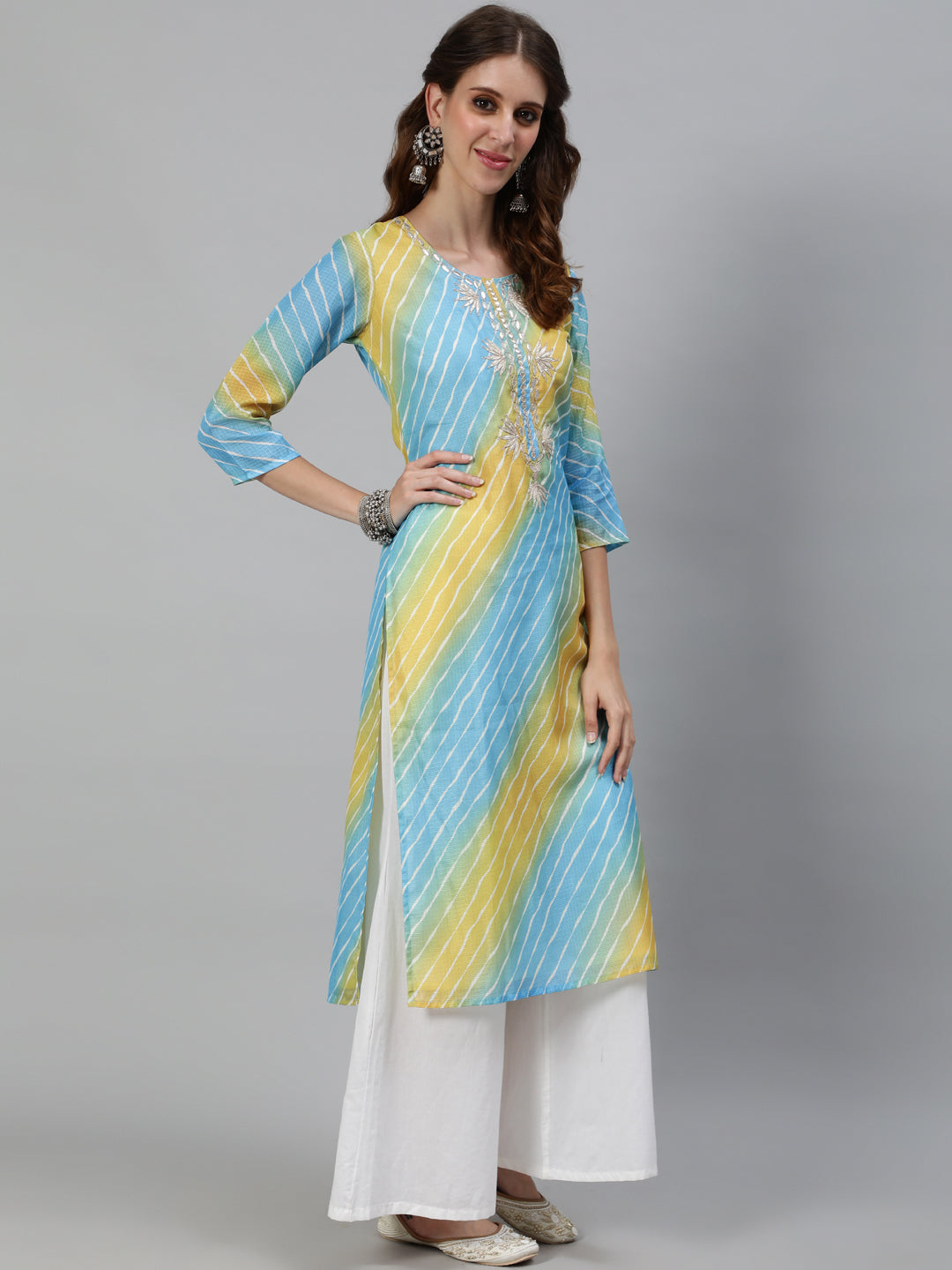 Women's Blue Leheriya Print Yoke Embroidered Kurta