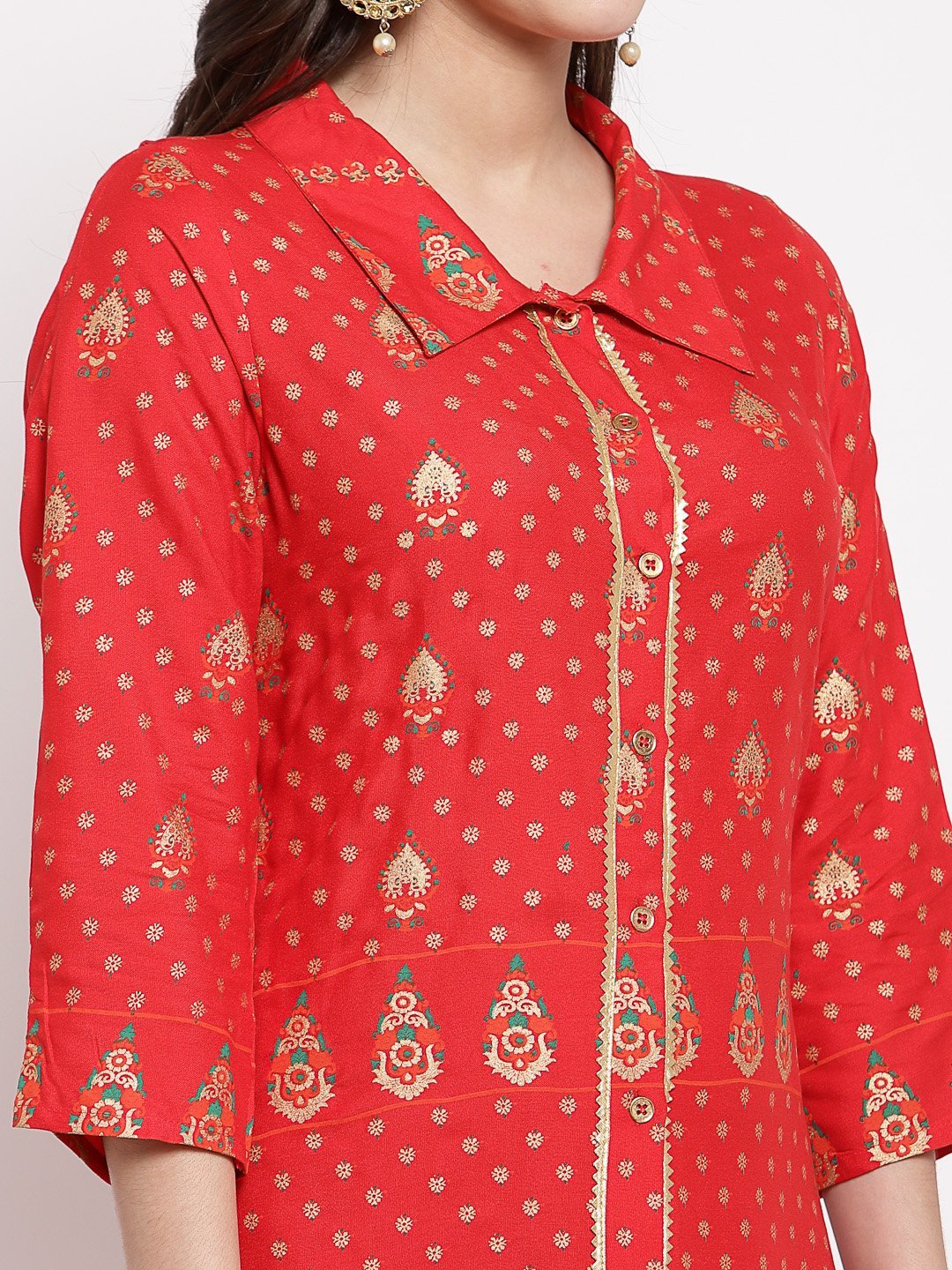 Women's Red Cotton Printed 3/4 Sleeve Collar Neck Casual Anarkali Kurta