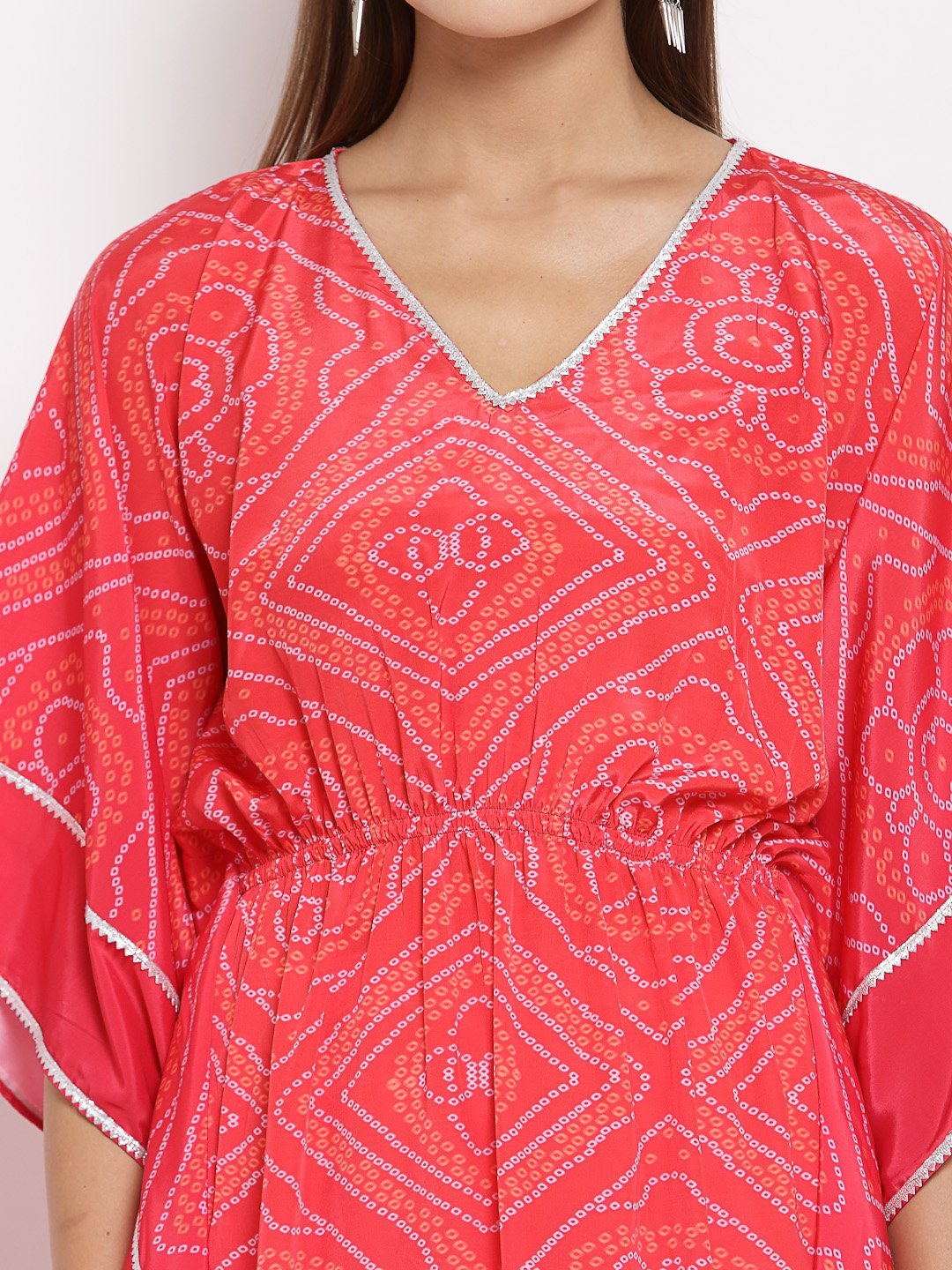 Women's Pink Cotton Printed 3/4 Sleeve V Neck Casual Kaftan